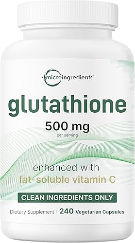Micro Ingredients Glutatión de 500 mg con suplemento de vitamina C de 100 mg, 240 cápsulas vegetales Glutatión reducido + complejo de palmitato de