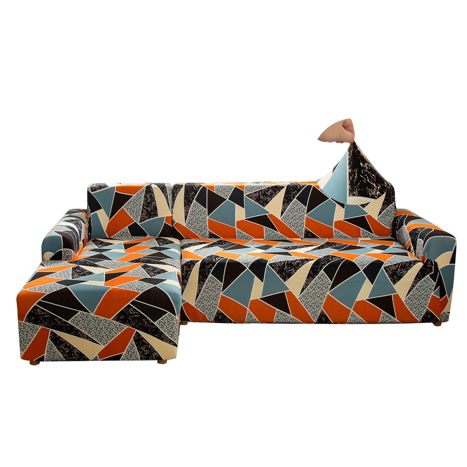 Stretch Spandex L Shape Sofa Cover with Chaise Lounge 2 Piece Couch Cover Set Washable Furniture Protector for Pets Orange Blue