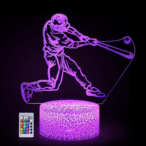 Lámpara de luz nocturna 3D de béisbol, luces de efecto ilusión, decoración de dormitorio para niños, ayuda para dormir, 16 colores opcionales y