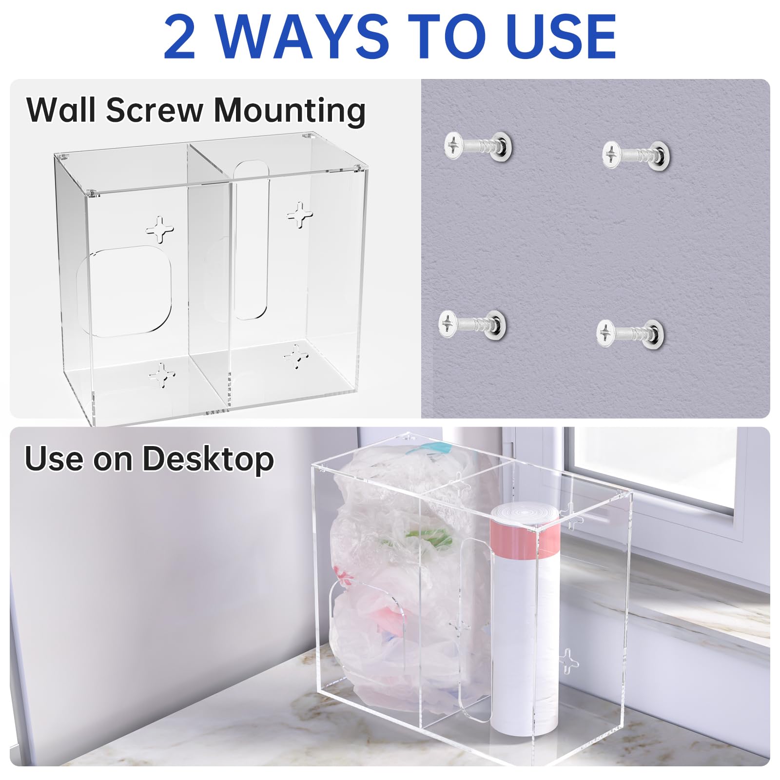 NiHome Soporte para bolsas de comestibles y dispensador de bolsas de basura de acrílico transparente 2 en 1 con tapa magnética, ahorro de espacio con opciones de montaje flexibles para el hogar y la
