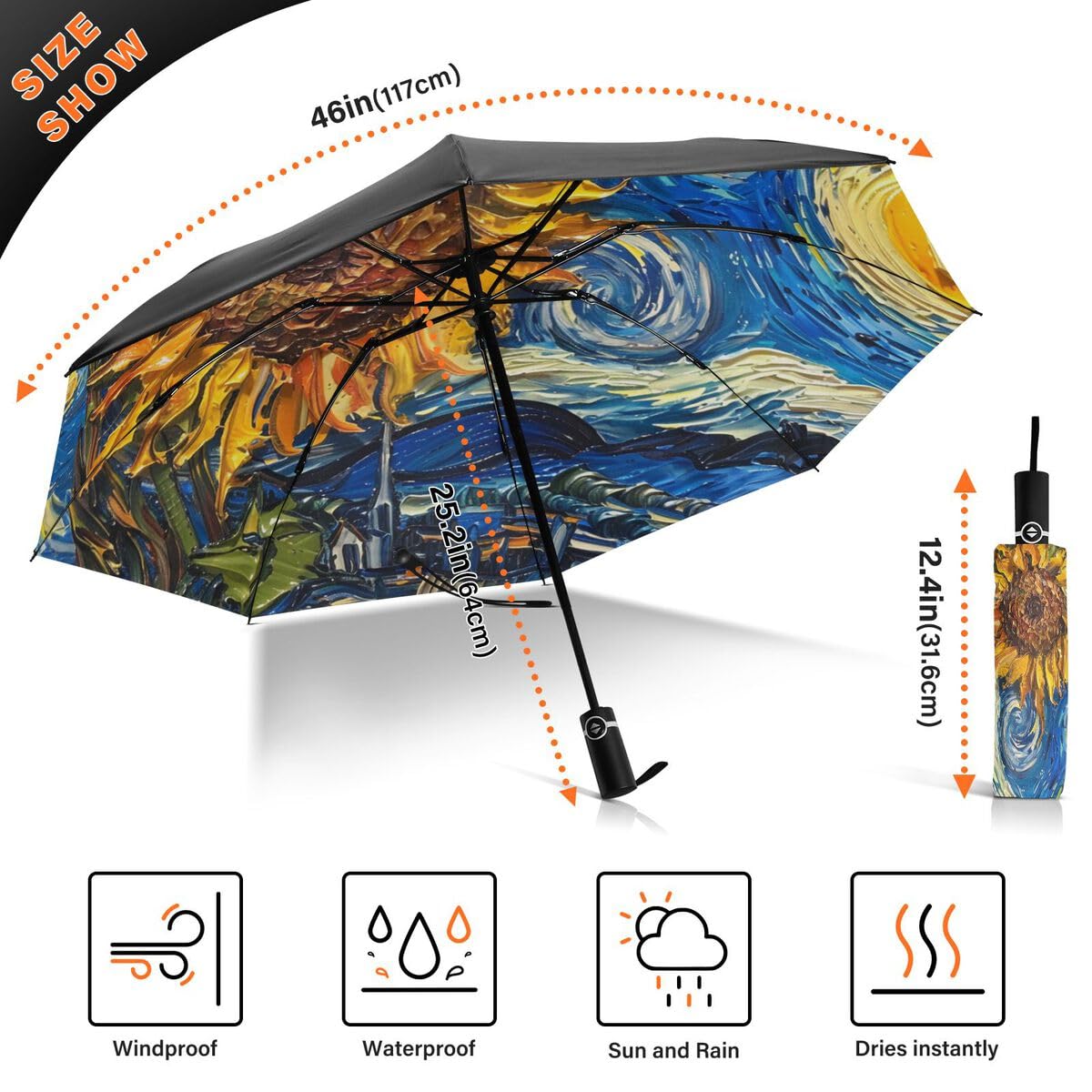 ALAZA Parapluie pliant inversé à ouverture automatique et compact - Grand parapluie portable pour la pluie, le soleil et les UV - Coupe-vent