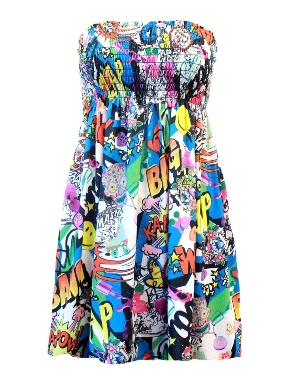 Women’s Strapless Printed Bandeau Top Sheering Ruched Boob Tube Vest Sleeveless Gathered Mini Dress Summer Beachwear - Bang - UK 24-26