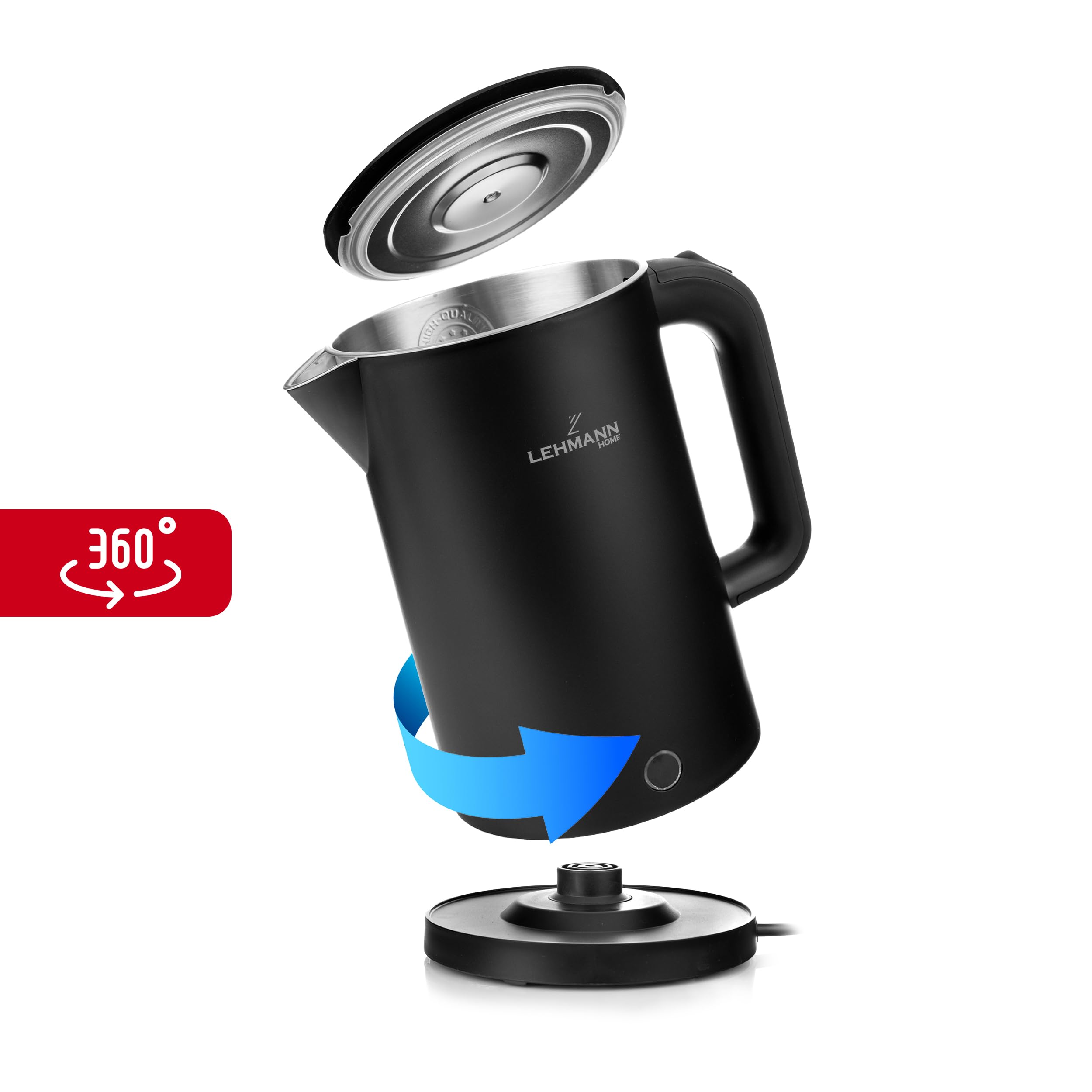 LEHMANN Bollitore Elettrico, 1,7L, 2200W, Riscaldamento Rapido, Design a Doppia Parete, Acciaio Inox, Base Girevole 360°, Spegnimento Automatico, BPA-free – per Tè, Caffè, Pappe, Nero