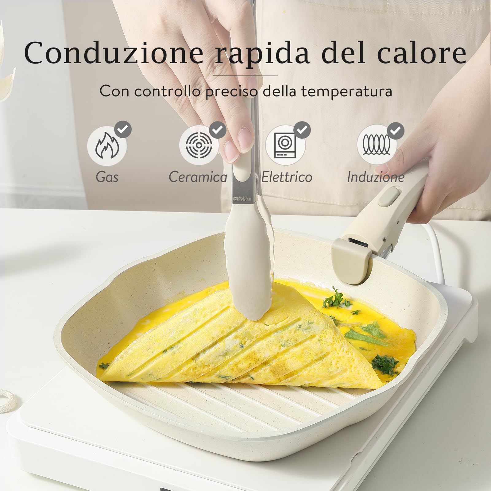 CAROTE Set di Padelle con manici amovibili 6 Pezzi,Set Padelle Antiaderenti,Padella 22/26cm,Casseruola 22cm con Coperchi,Grill Bistecchiera 26cm,impilabile,salvaspazio per Induzione,Gas e Forno