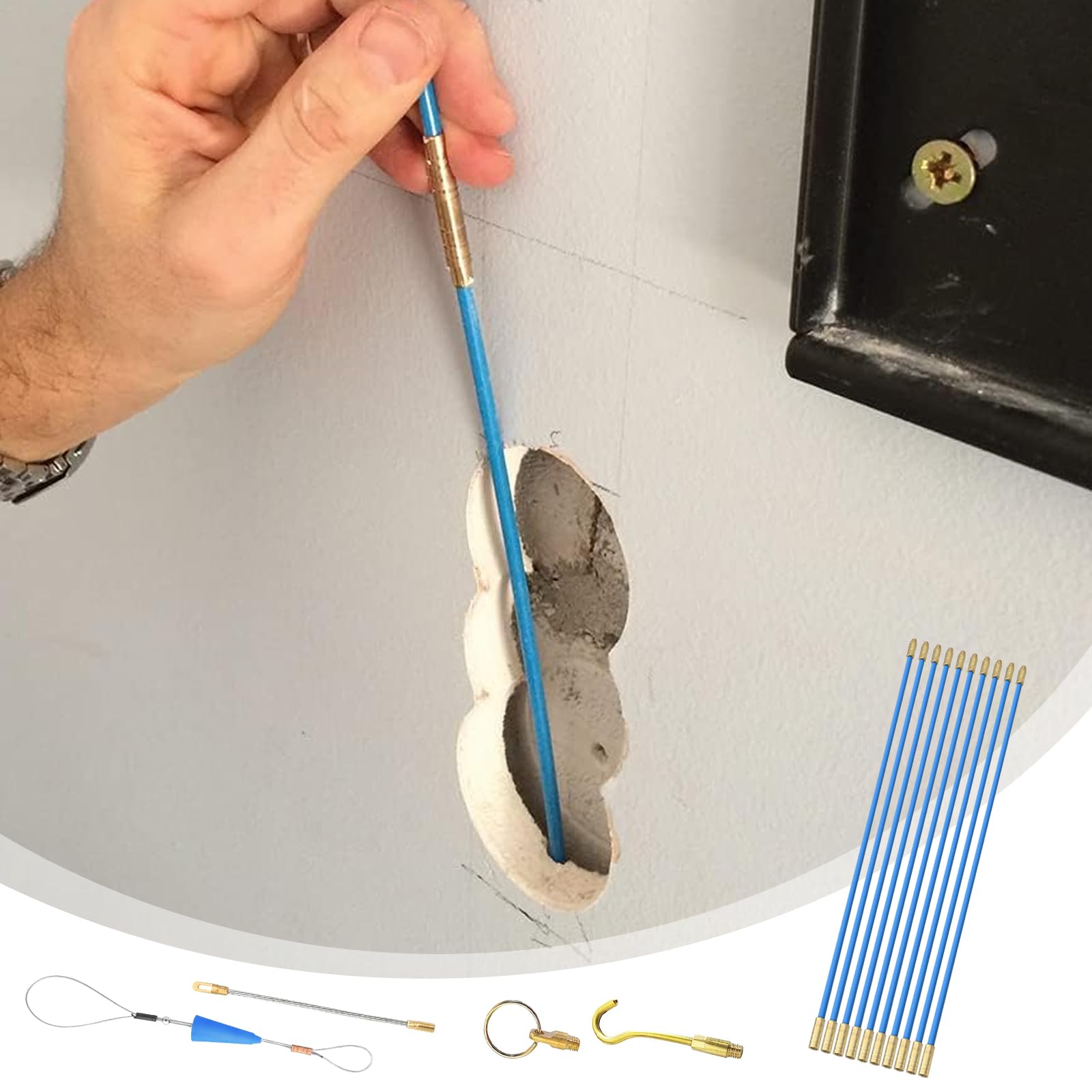 Aste Tiracavi in Fibra: 10 Pezzi Sonda Tiracavi con Molla di Guida, Sonda Tiracavi per cavi elettrici, Set Aste Tiracavi in Fibra di Vetro