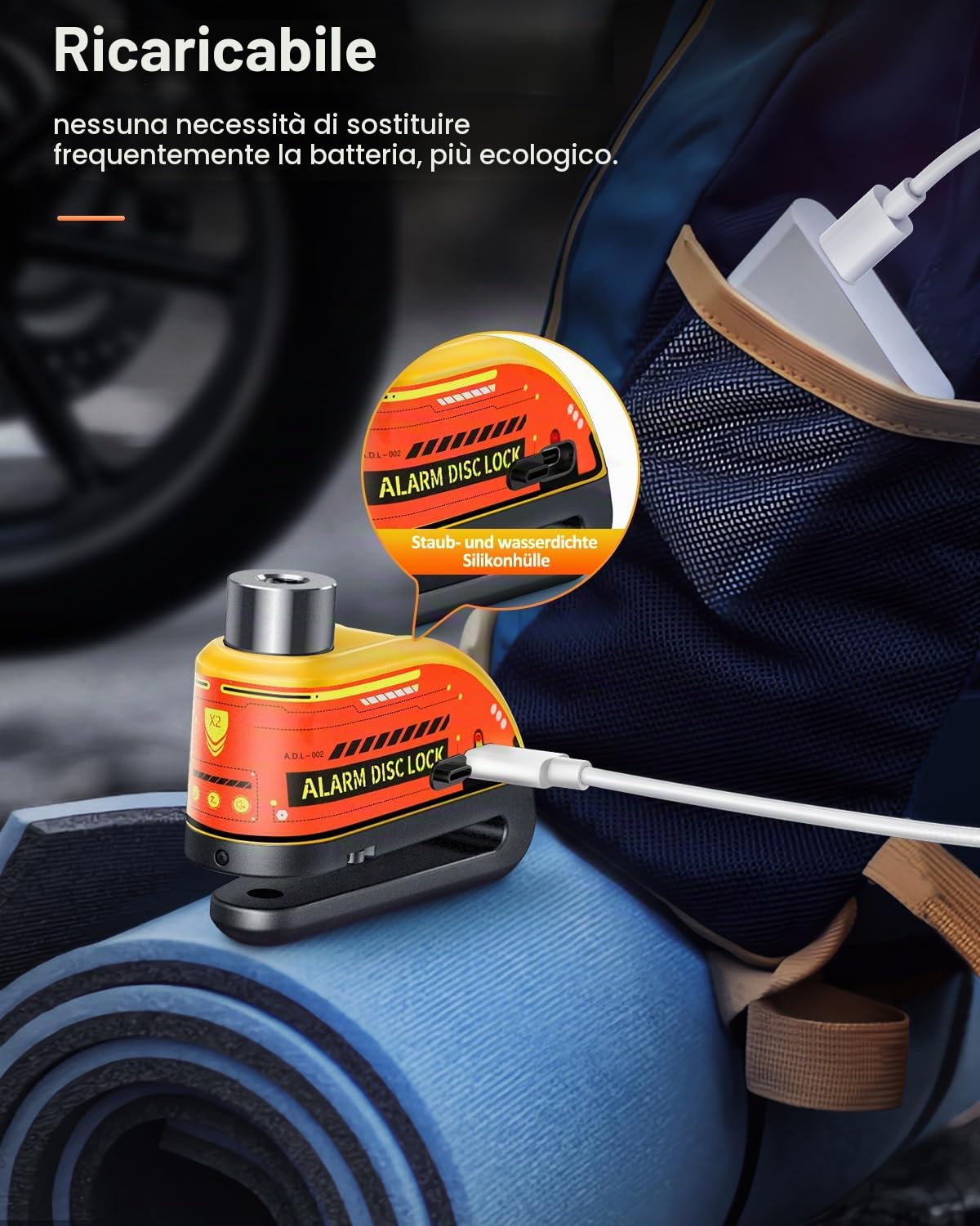 Bloccadisco con allarme per moto, ricaricabile, allarme antifurto 120 dB, resistente, con cavo promemoria da 1,8 m, per moto, bici, scooter, e-bike, giallo