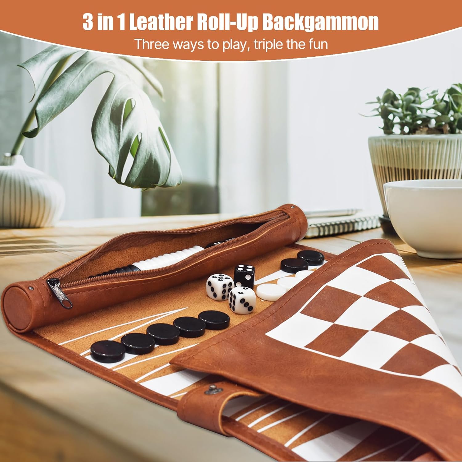 Chess, Checkers, and Backgammon Set 3 in 1 - Roll-up Leather Board Games, Portable and Lightweight with Drawstring Bag,Travel-Size Board Game for Camping, Backpacking, Road Trips, Adults