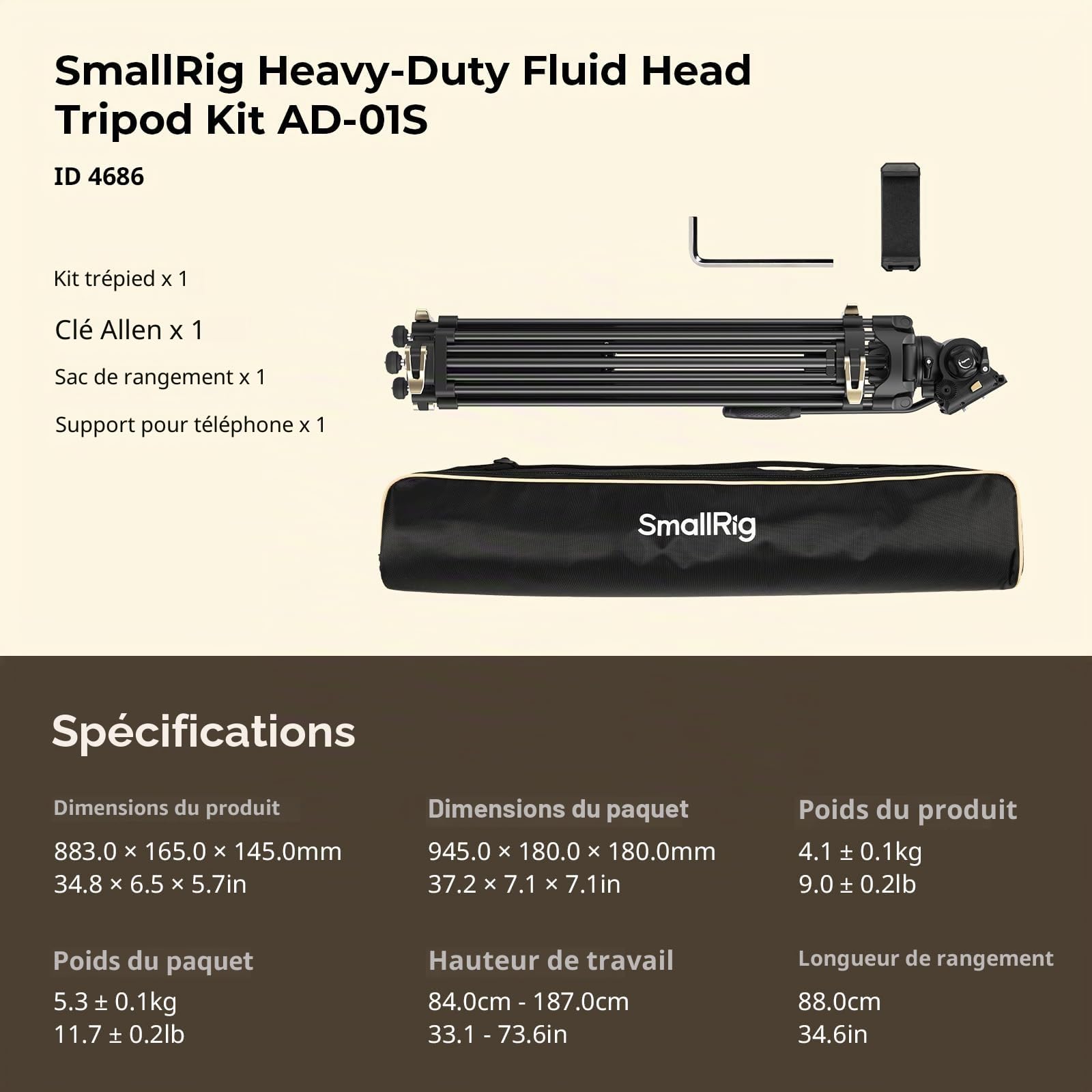 SMALLRIG Trépied Vidéo AD-01S, Robuste de 74 in avec Tête Fluide Panoramique et Inclinable, Plaque de dégagement Rapide à 2 Mode, Charge à 13,2 LB / 6 kg pour DSLR, Caméscope, appareils Photo - 4686