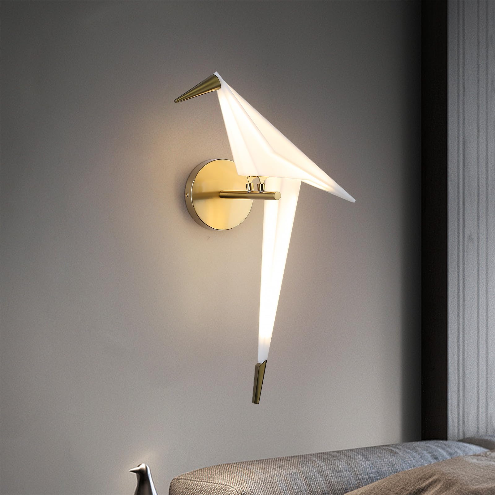 kaixunl Aplique Pared Interior Moderna Grulla De Papel Dorado Con Apliques Dormitorio LED,LáMpara De Pared De Base MetáLica 3000K Lectura Del Estudio De La Oficina Del Dormitorio De La Sala De Estar