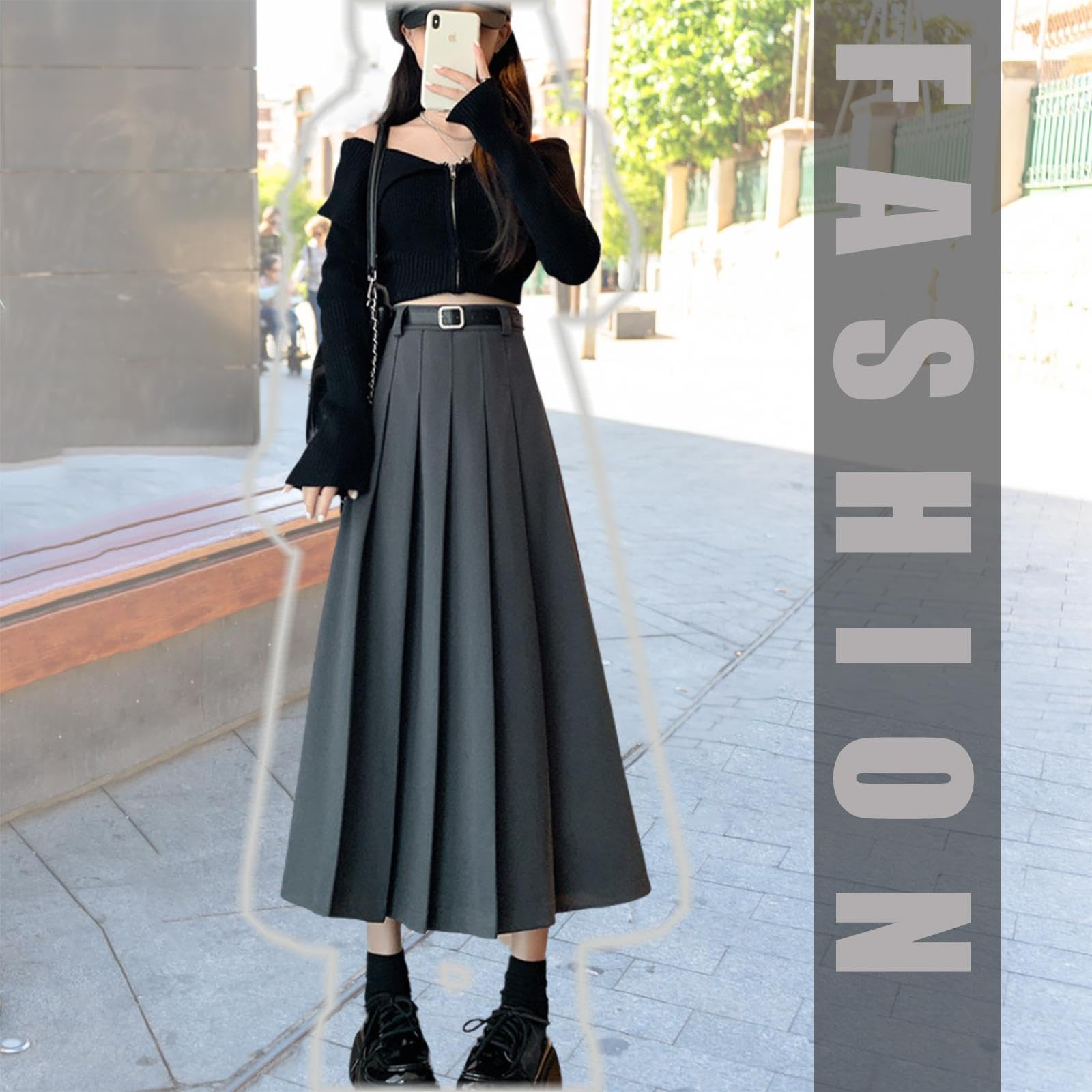 Generisch Faltenrock Damen High Waist Maxirock Wollrock Langer A-Linie Rock Elegant Herbst Winterrock Warm Röcke Midi Trachtenrock