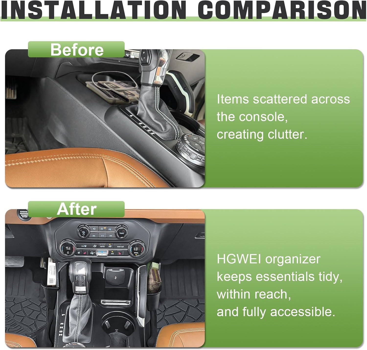 HGWEI Gear Shifter Organizer Compatible with 2021-2026 Ford Bronco Interior Accessories, Center Console Shift Tray Side Pockets Storage for 2/4-Door (Don't Fit Bronco Sport) Black