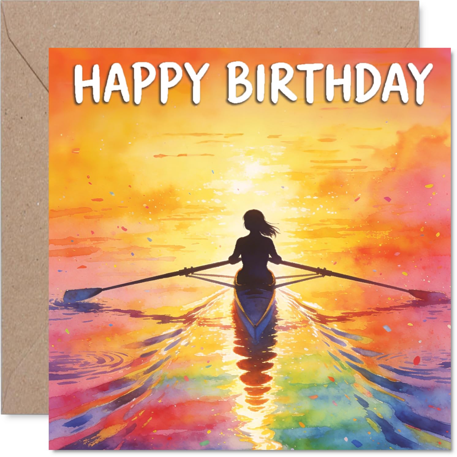 Inspirational Birthday Card - Chasing Adventures at Sunset - Rowing Silhouette on Vibrant Water - A Card That Captures the Spirit of Celebration - 145mm Square, Envelope Included