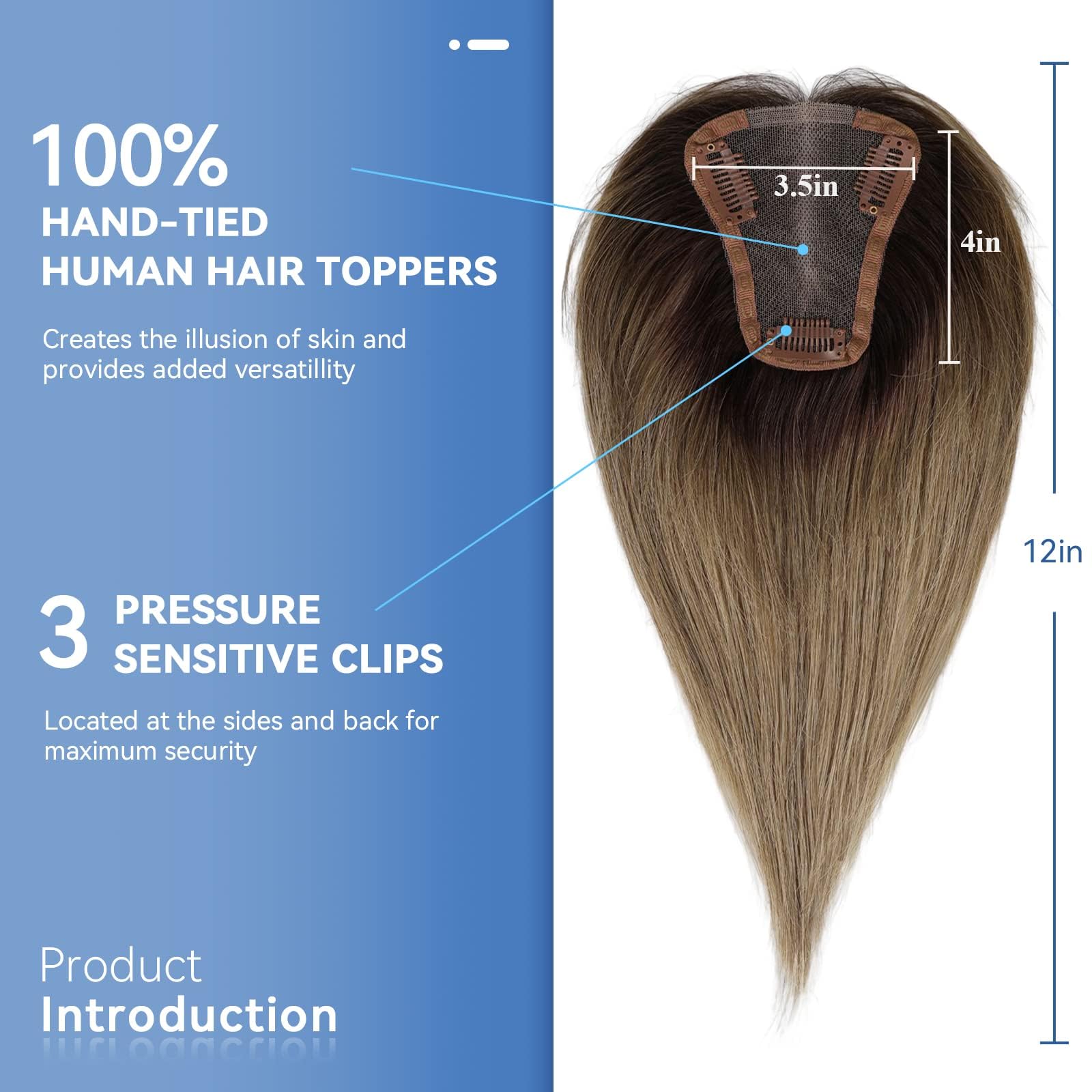 EMMOR Hair Topper for Women 100% Remy Human Hair for Women With Thinning Hair Loss Cover Gray Hair, Three Clips on Topper - Image 2