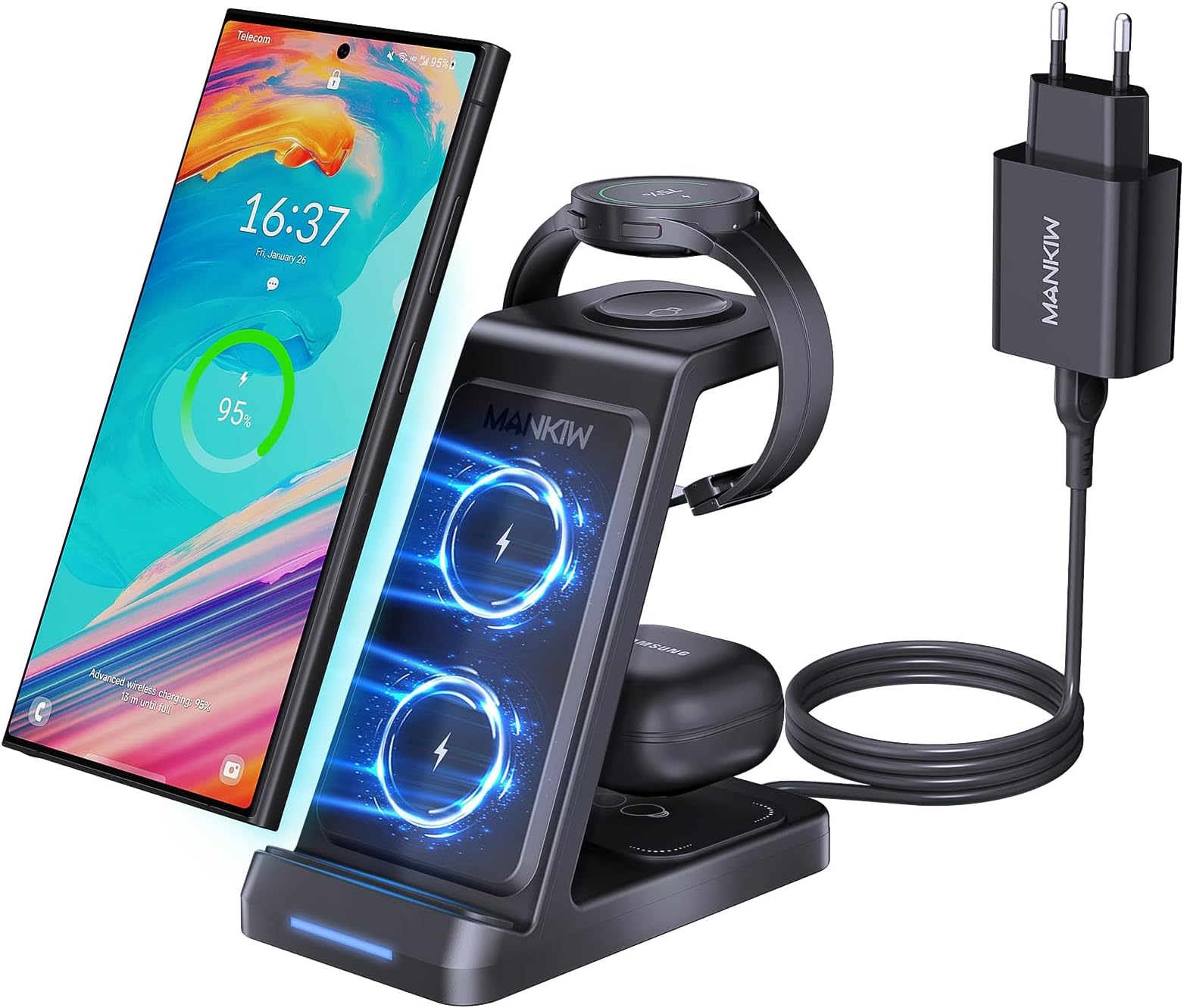 Galaxy S5 Zubehör Induktive Ladestation Mit Case MANKIW Induktive Ladestation für Samsung, 3 in 1 Ladestation Kompatibel