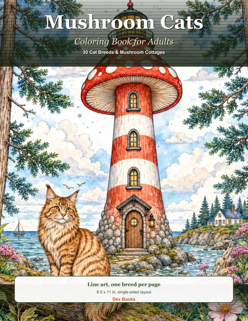 Mushroom Cats: Coloring Book for Adults - 30 Cat Breeds & Whimsical Mushroom Cottage Scenes