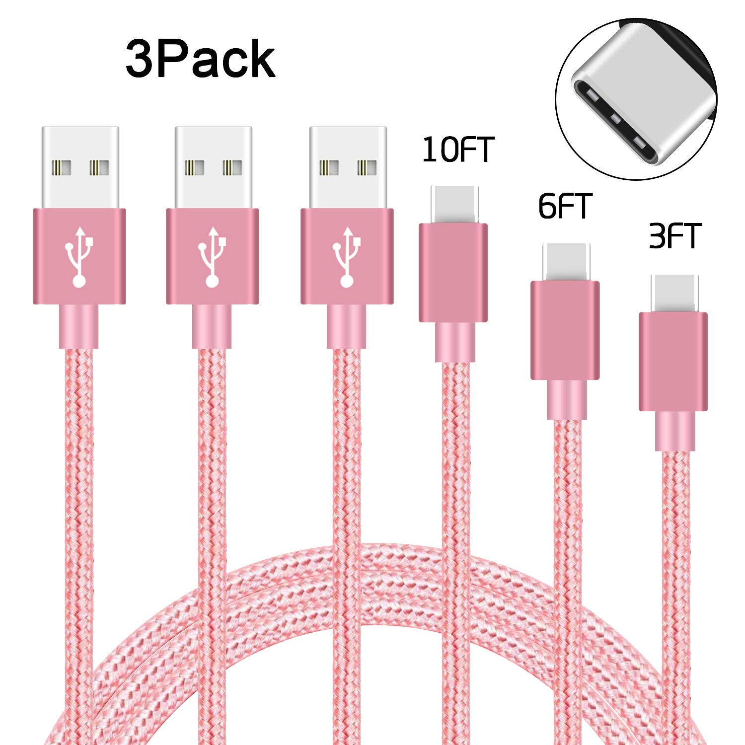 USB Type C Cable, VUV 3Pack 3FT 6FT 10FT Nylon Braided Fast Charger Cable Cord Compatible with Samsung Note 10,9,8, Galaxy S8, Apple New MacBook, Nexus 6P 5X, Google Pixel, LG G5 G6, Rose Gold