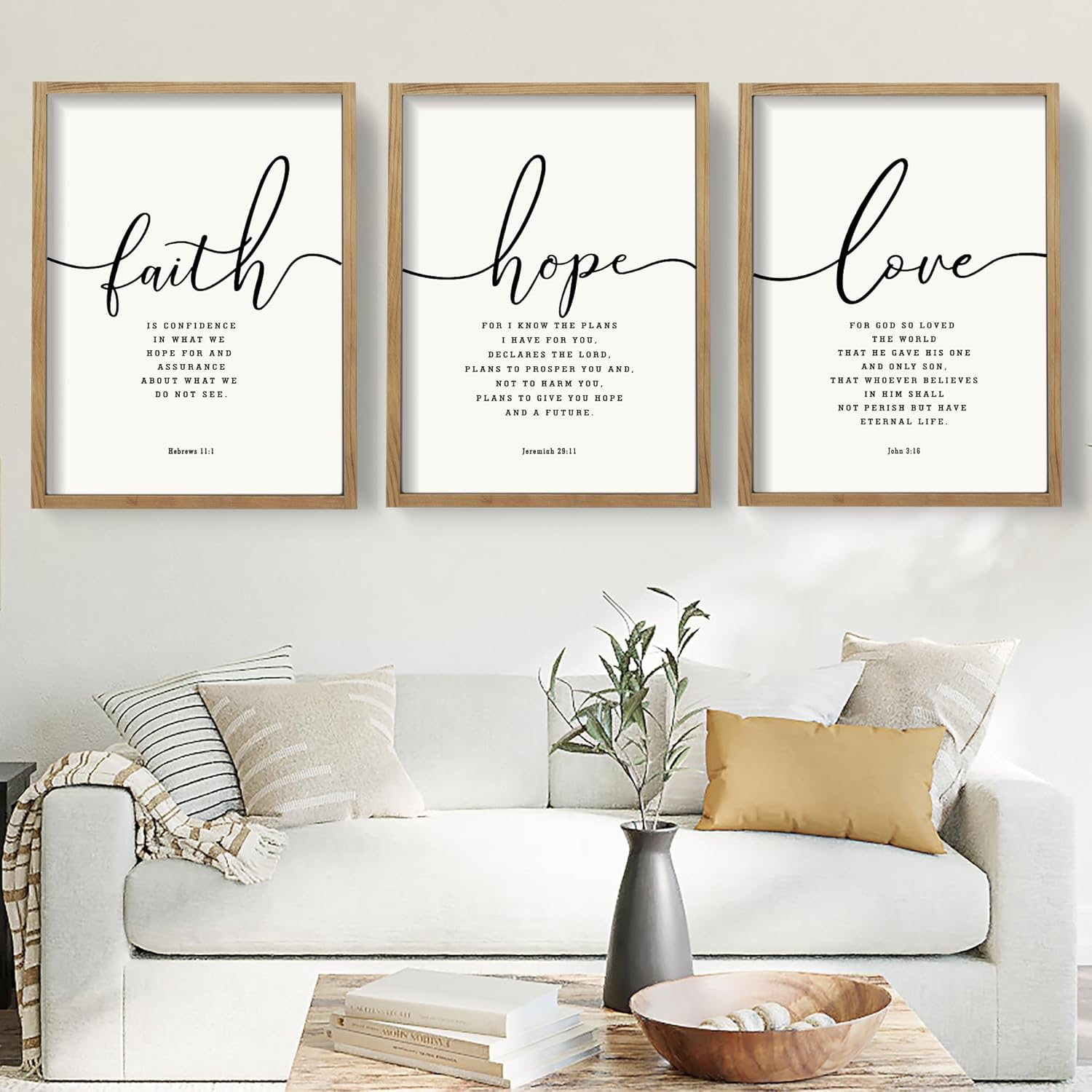 Houmury Set of 3 Framed Farmhouse Bible Verses Wall Art 11x14 - Faith Hope Love Christian Scripture Signs for Bedroom Living Room Decor (Brown Wood)