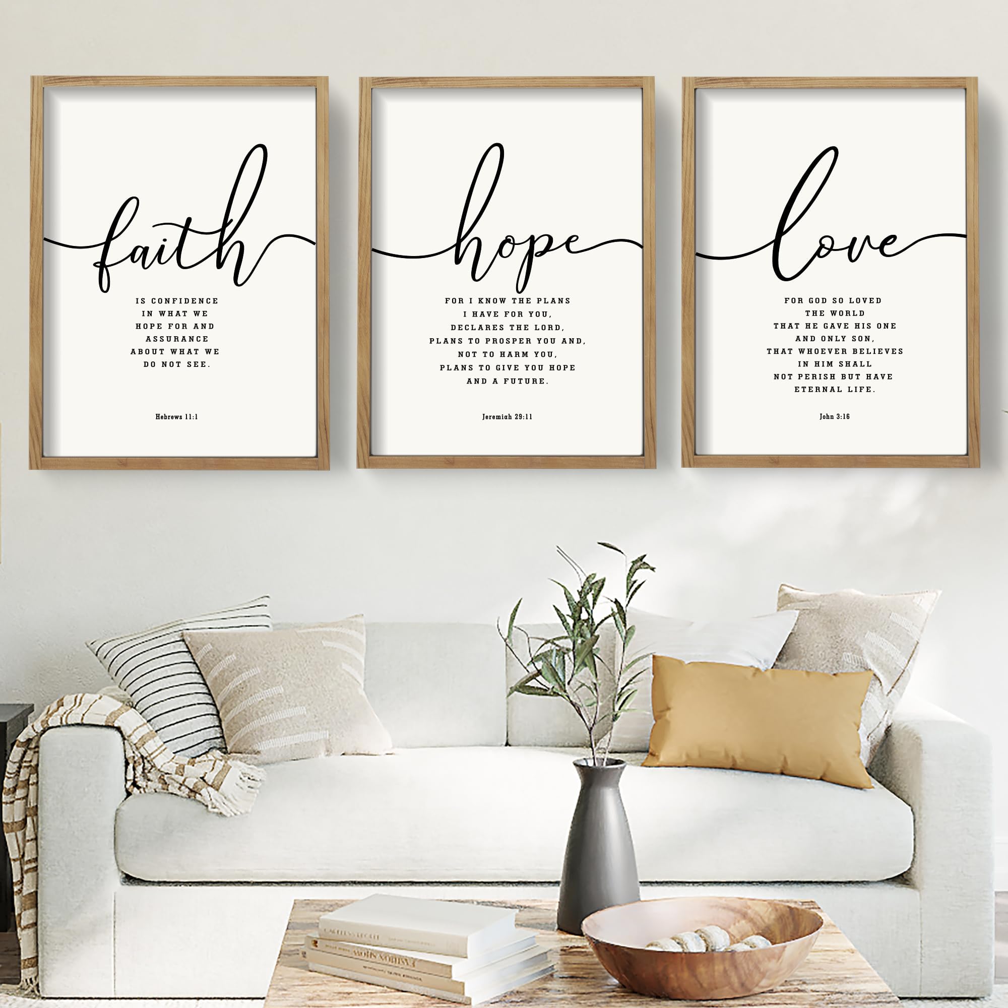 Houmury Set of 3 Framed Farmhouse Bible Verses Wall Decor Sign 11”x14” Christian Faith Scripture Wall Art for Home Living Room Bedroom Wall Decor (11"x14" Brown)