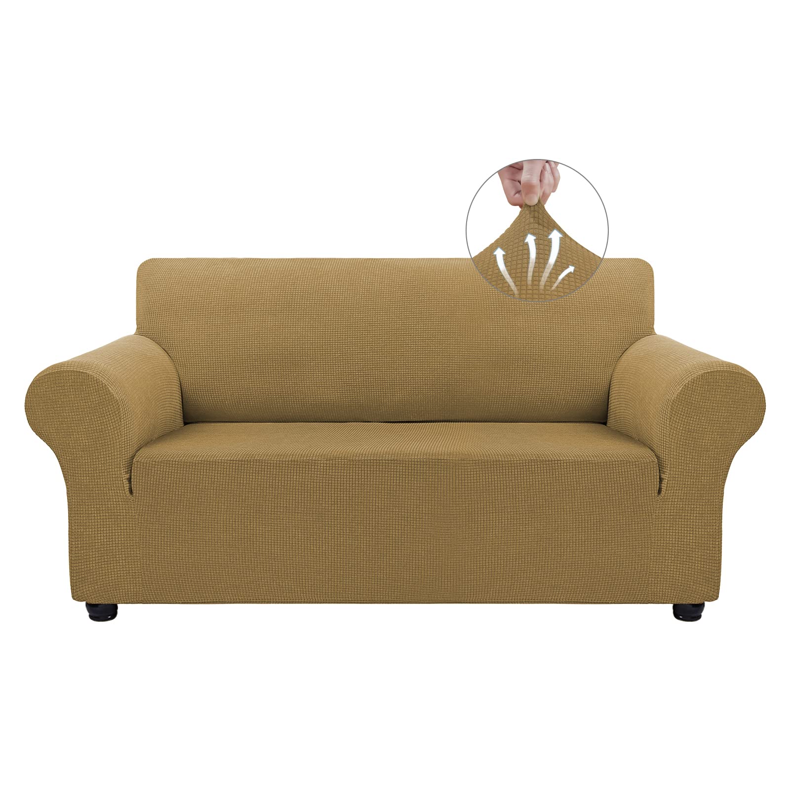 Asnomy Sofa Covers for 2 Cushion Couch Stretch loveseat Covers Slipcovers, Pet Protector Furniture Covers for Dogs Cats Spandex Jacquard Fabric Small Checks ?Medium?Light Brown?