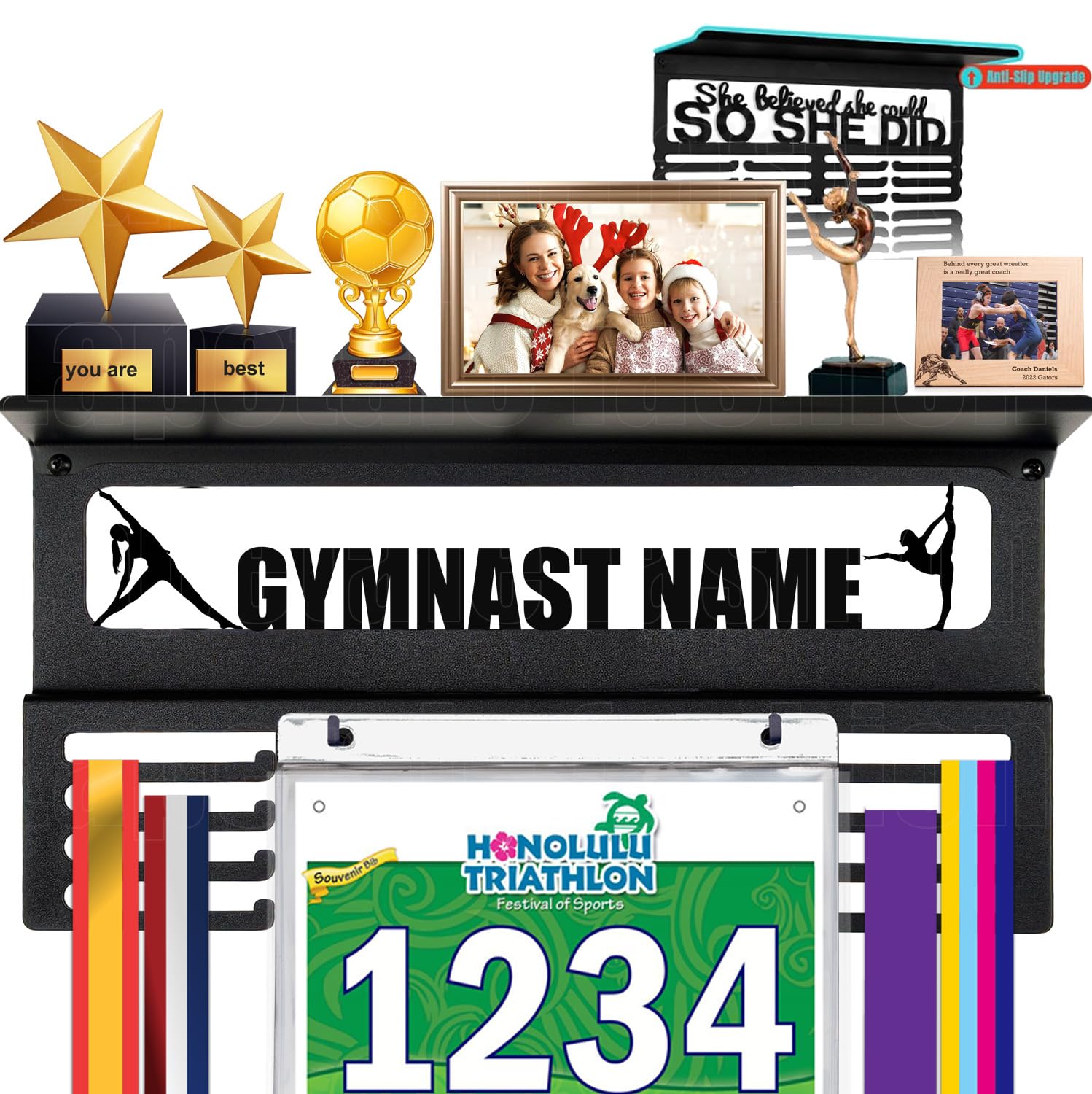 Personalized Medal Hanger Display with Trophy Shelf