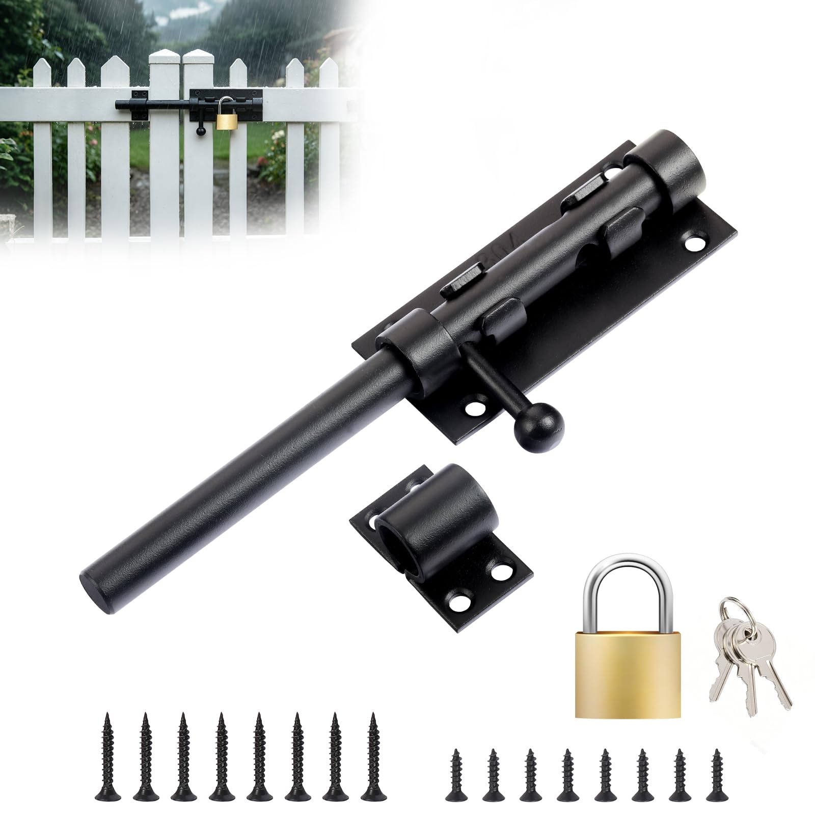 Slide Gate Latch Bolt 8"(195mm), Door Lock Bolt with Padlock & Screws