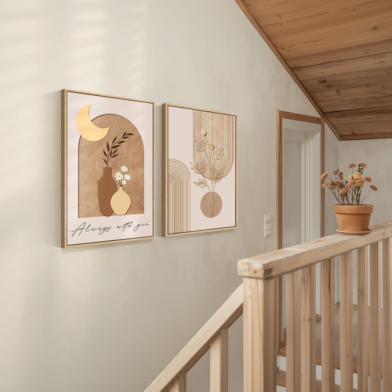 lianyibo 2 szt. Arkusze ścienne Neutralne Boho Style Botanic Vase Canvas Beż Księżyc Nowoczesny Minimalistyczny Wystrój Domu (60 x 90 cm x 2 / Wewnętrzna rama)