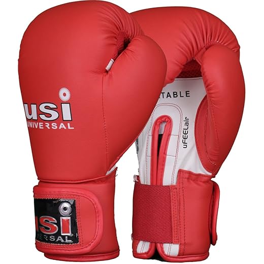 USI UNIVERSAL Lite Contest Pu Boxing Gloves for Men & Women with Moulded Foam Padding, Sweat Wicking Lining, Elasticated Hook & Loop Wrap Around Closure System (Red, 12oz)