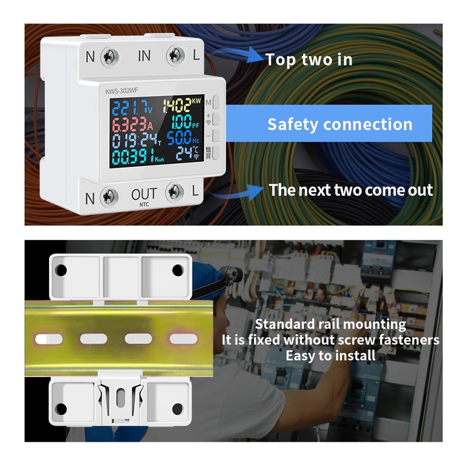 Tuya WiFi 8in1 Misuratore Di Potenza 2P AC Contatore Di Energia APP Controllo 170-270V/63A Misuratore Di Tensione E Corrente Misuratore Di Elettricità Vita Intelligente(KWS-302WF)