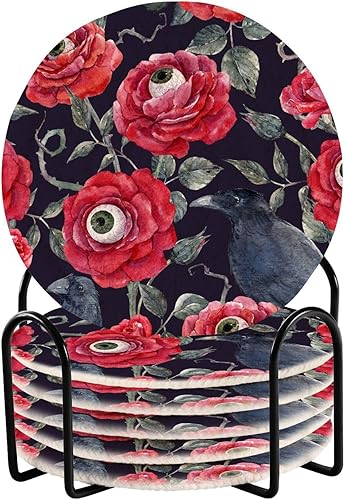 Red Roses with Eyeballs and Black Crows Cup Coasters Coasters for Drinks Absorbent Set with Holder 6 Pack Home