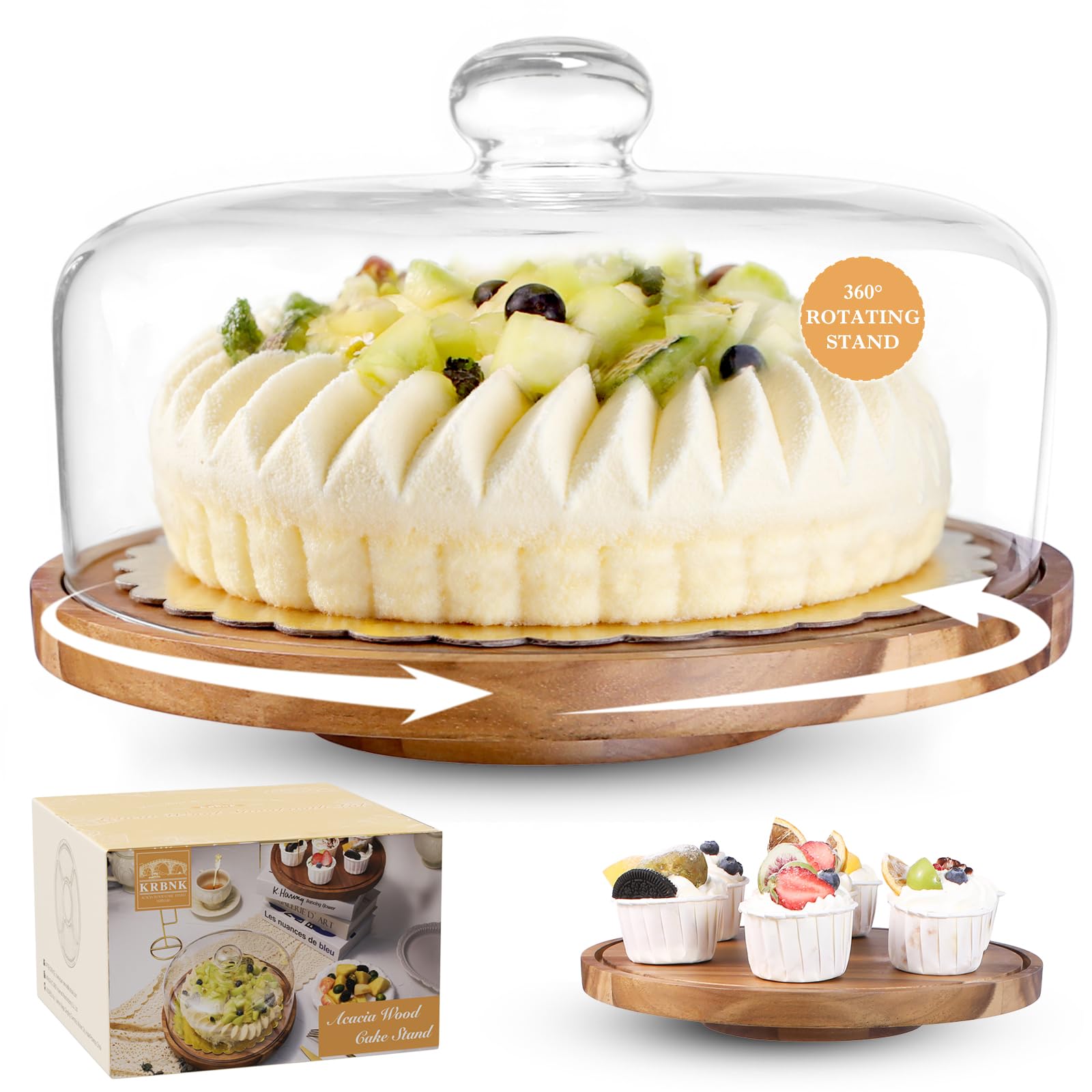 Soporte para tartas con tapa de cristal – bandeja multifunción giratoria 360° de madera – incluye campana y base para servir, decoración de fiestas