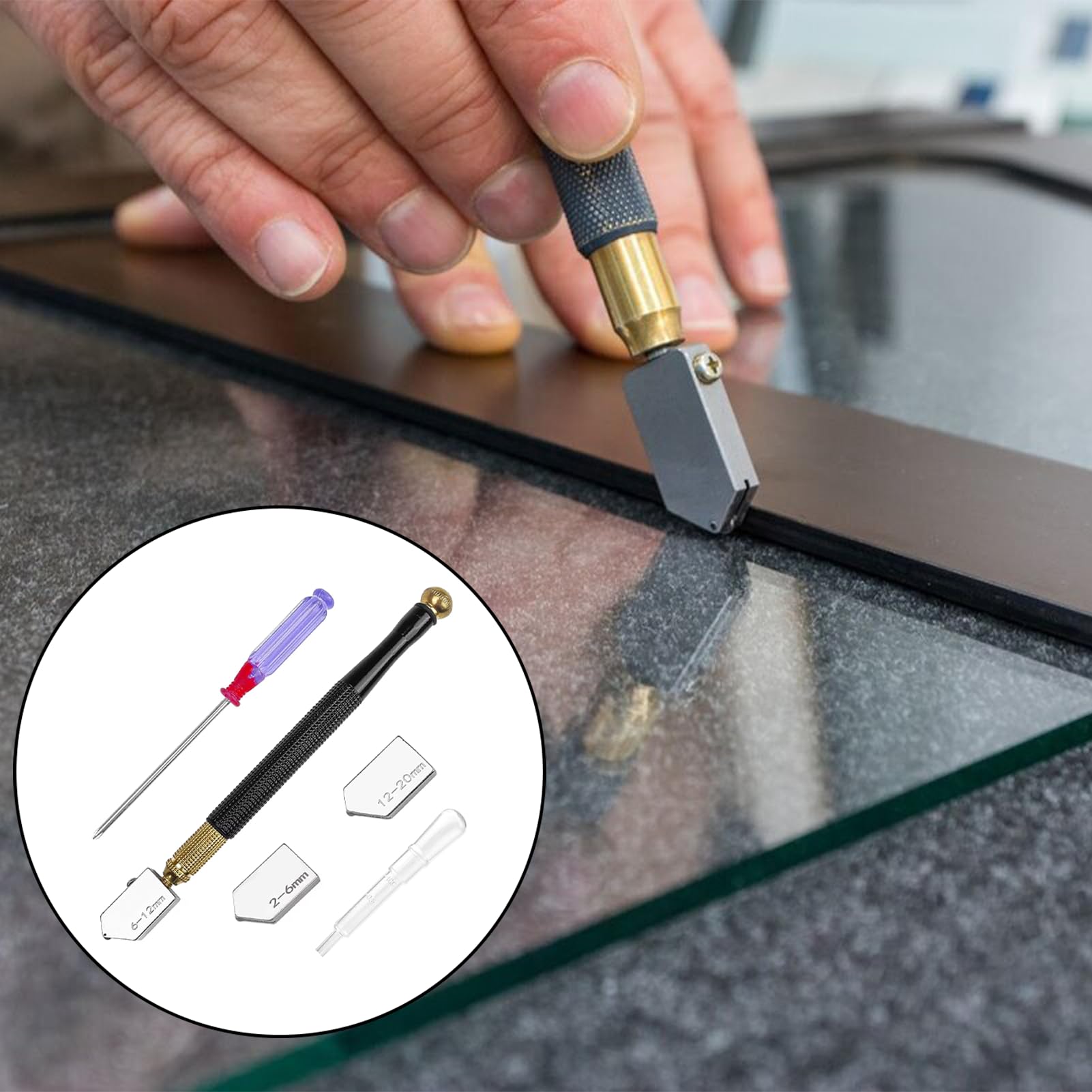 Tagliavetro, tagliavetro, tagliavetro per vetro spesso, tagliavetro, con 3 teste di taglio in metallo duro, adatto per tagliare vetro spesso (2 mm - 20 mm)