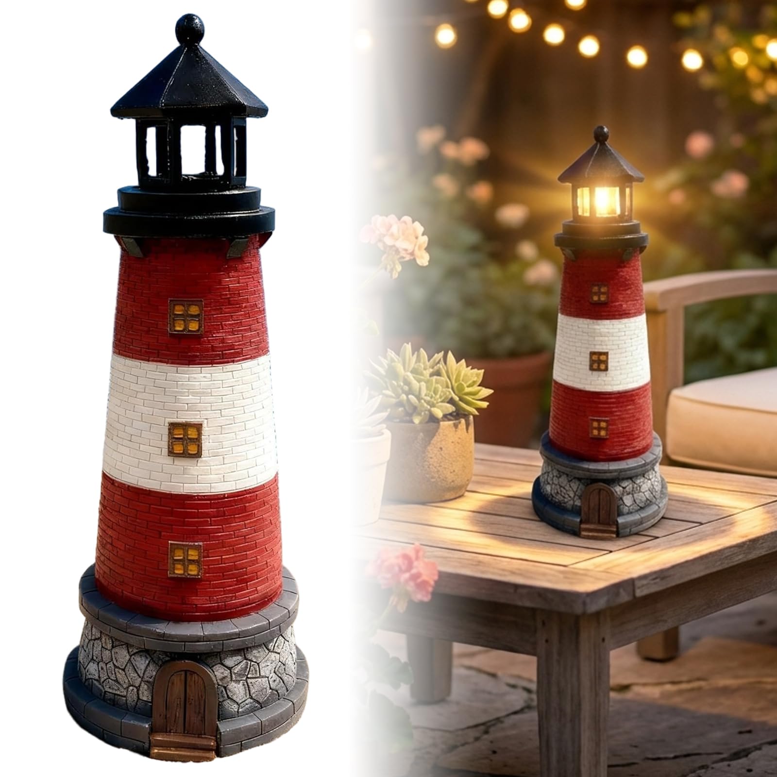 Bemonew Red Solar Lighthouse, Automatic Rotating Waterproof Solar Lighthouse Outdoor For Yard, Patio, Ground, Tabletop Decoration,