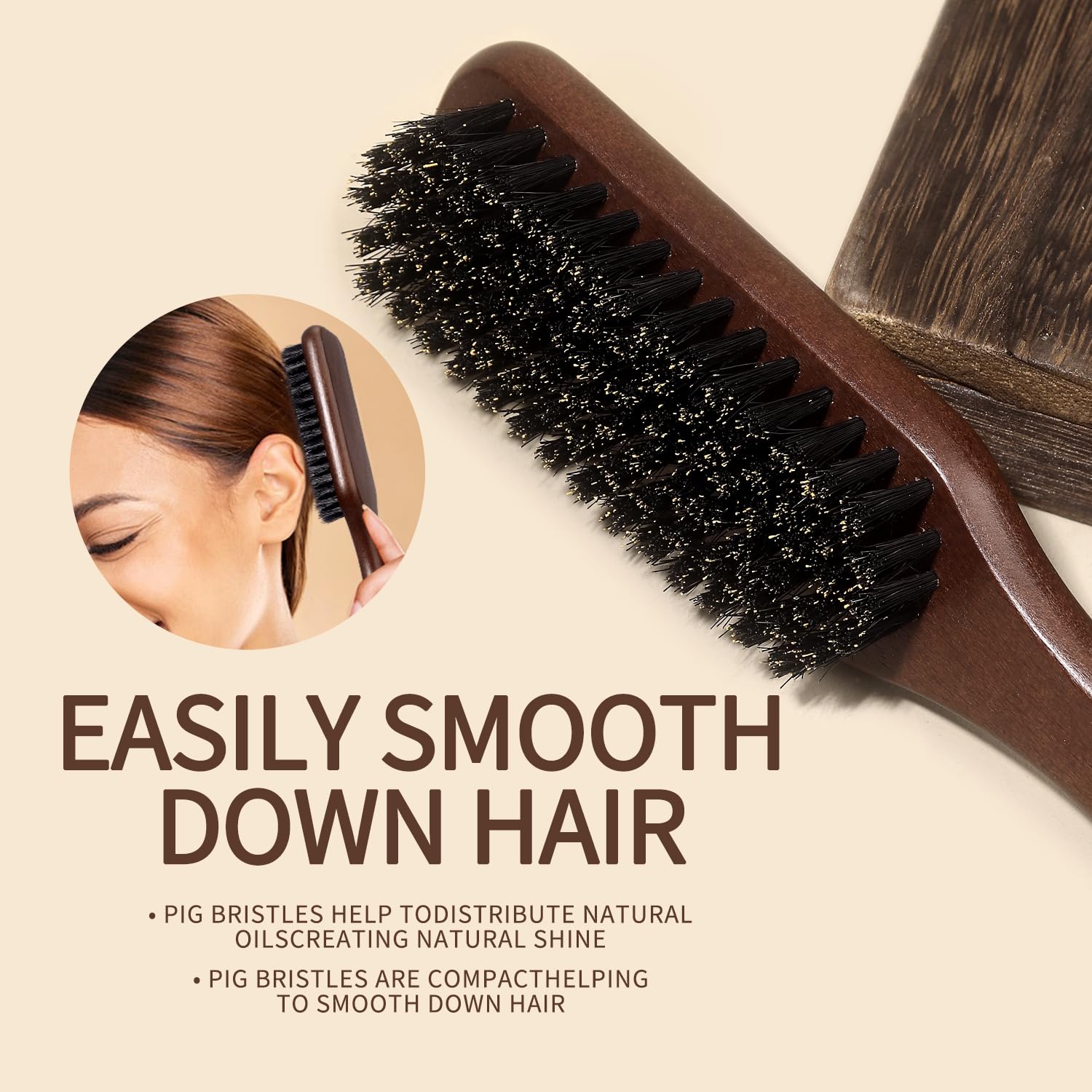 Cepillo de pelo de cerdas de jabalí, peine de estilo con mango de madera para hombres y mujeres, suave, pule y coloca el cabello plano para crear peinados elegantes sin encrespamiento, perfecto para