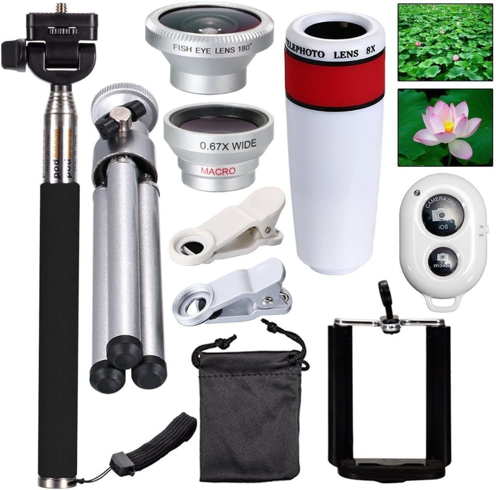AnKooK Cell Phone Camera Lens with Tripod+ Shutter Remote,10 in 1 8X Telephoto Zoom Lens/Wide Angle/Macro/Fisheye, Clip-On lense Compatible for iPhone 8 7 6s Plus, Samsung and Other