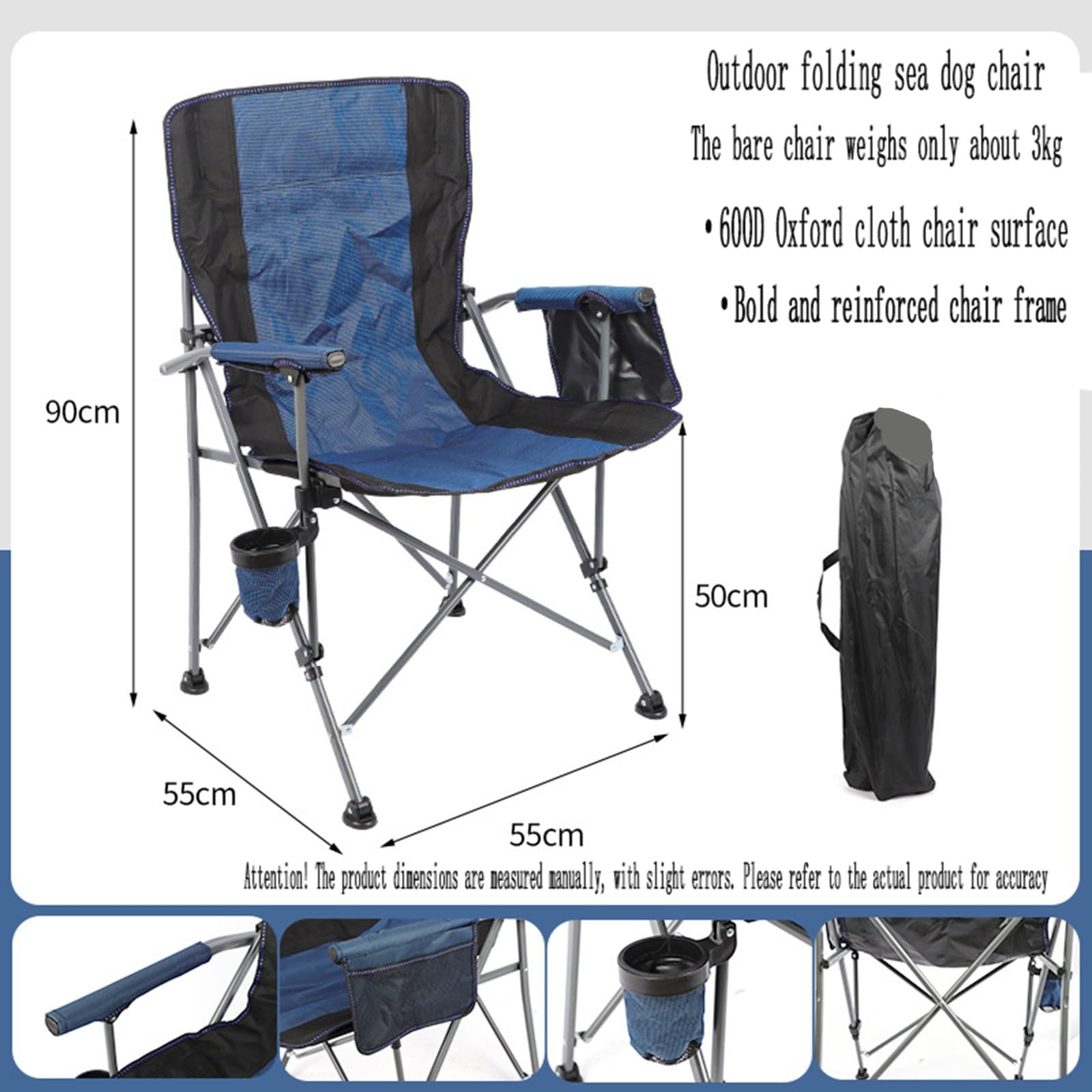 Chaise de Camping Pliable Surdimensionnée Portable avec Porte Gobelets et Accoudoirs Cadre Stable pour Extérieur Intérieur Camping Pêche Couleur Noir Gris F