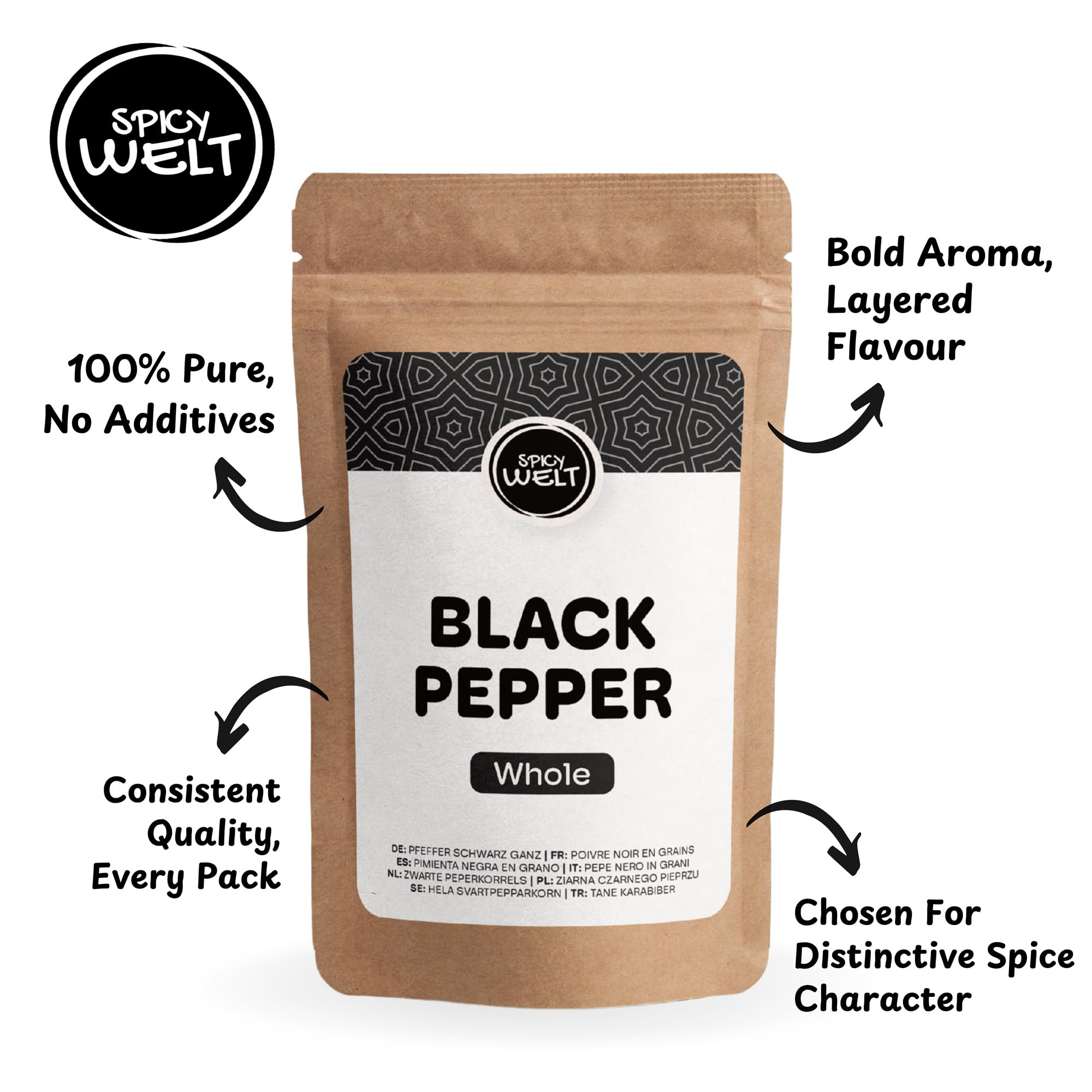 Spicy Welt Poivre Noir Entier (1kg) – Grains de Poivre Noir pour Moulin | Idéal Viande, Sauce, Marinade & Bouillon | Arôme Puissant | 100% Naturel, Sans Additifs
