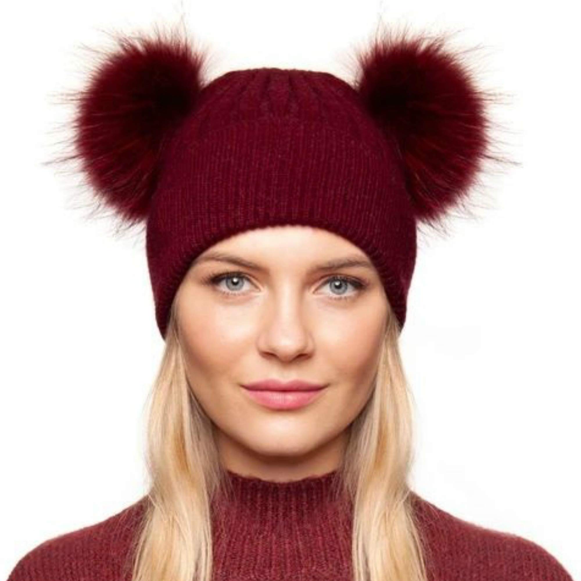 Gorro de cachemira de piel auténtica con doble pompón, para mujer, de invierno, para mujer ROSSO BORDEAUX Talla única