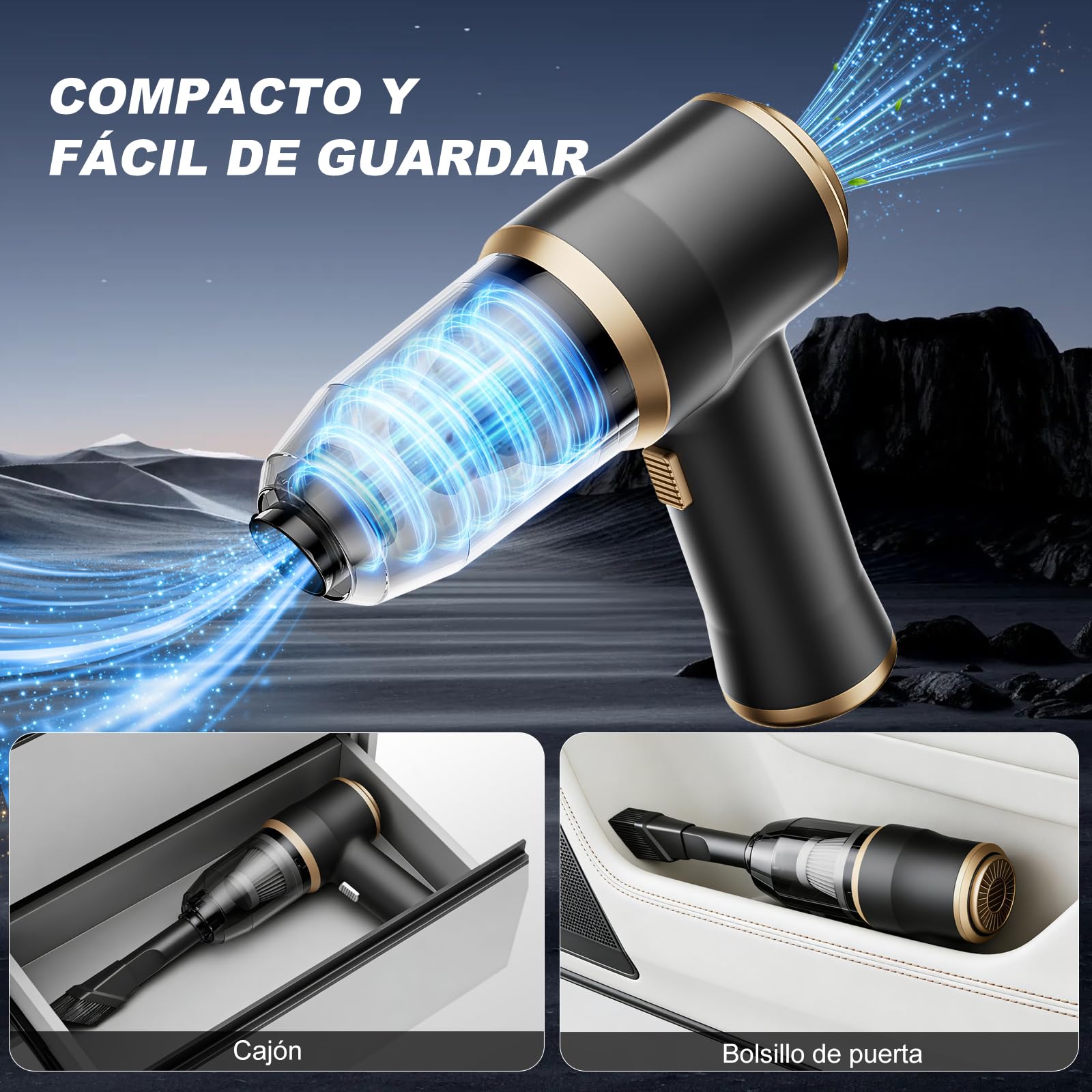 Mini-Aspiradora de Mano Inalámbrica para Coche – Aspiradora Portátil con Alta Potencia, Pantalla LCD y Multi-Boquillas, Ideal para Coche, Hogar, Oficina, Sofá, Pelaje de Mascotas y Teclado