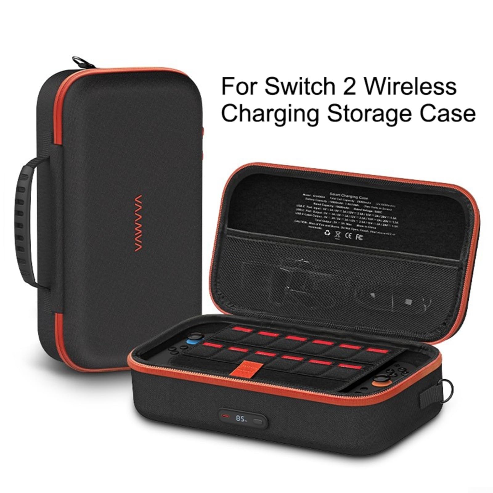 Custodia per Nintendo Switch 2 con power bank da 2000 mAh, custodia di ricarica da 30 W per console, spazio per 12 carte da gioco, custodia da viaggio compatta in EVA con accesso via cavo, nero