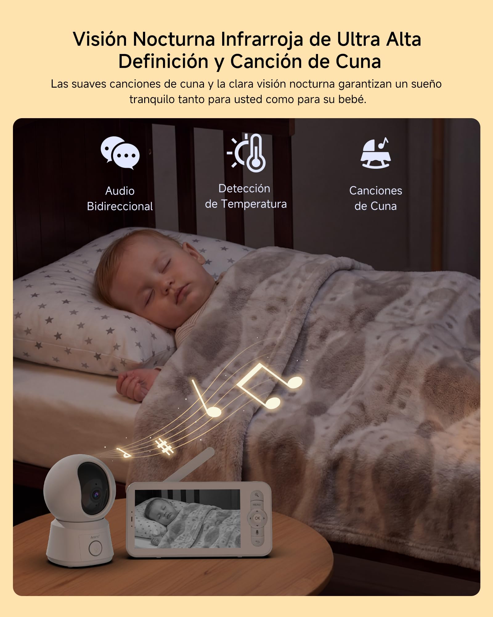 ARENTI cámara Bebe vigilancia 1080P con 5" Monitor, Vigilabebes con Camara, Detección de Movimiento y Sonido, Alarma de Área, Visión Nocturna, Modo VOX, Sensor Temperatura, Audio Bidireccional