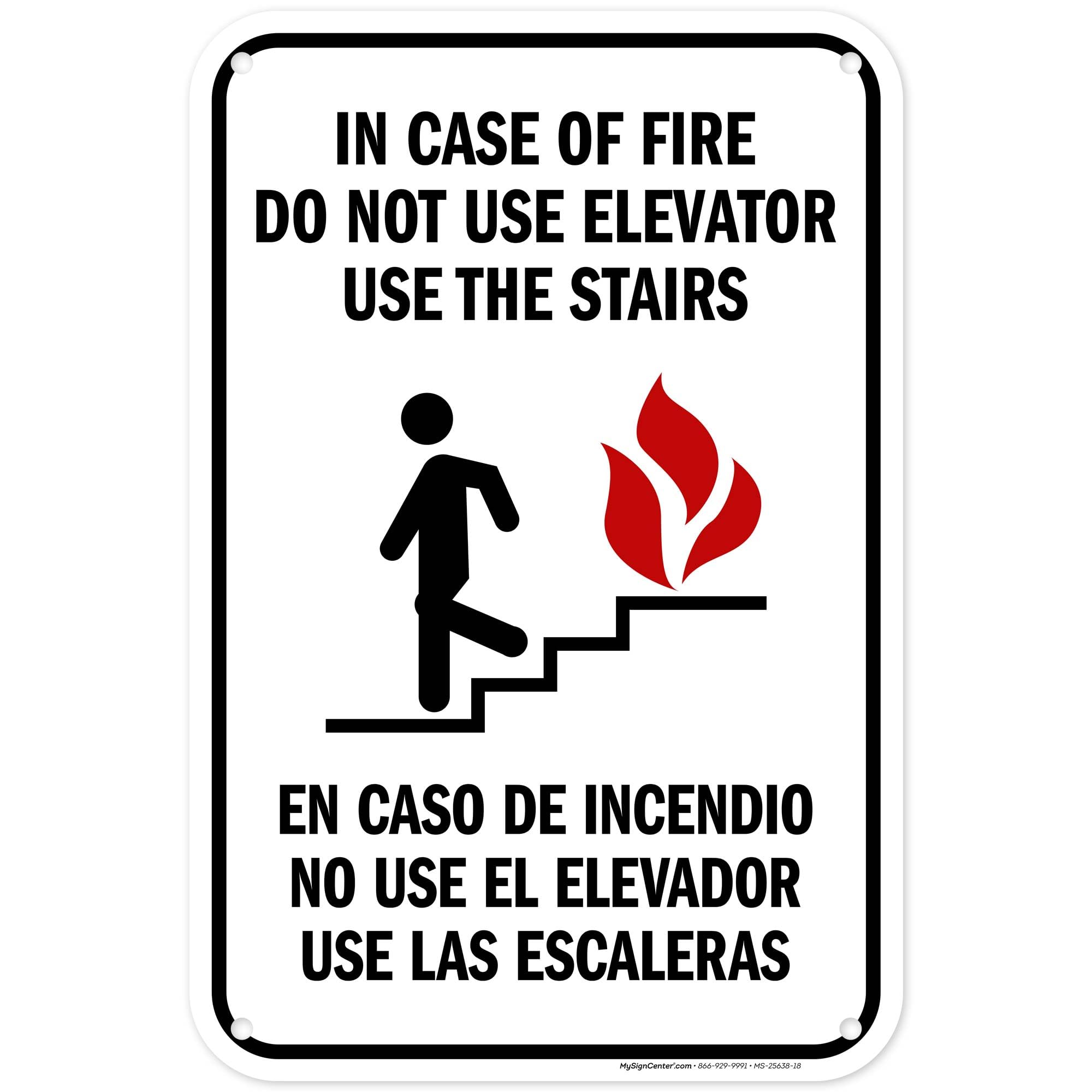 In Case Of Fire Do Not Use Elevator Use The Stairs Bilingual Sign, Fire Safety Sign, 12x18 Inches, 55 mil thick HDPS (high density polystyrene), Made in USA by My Sign Center