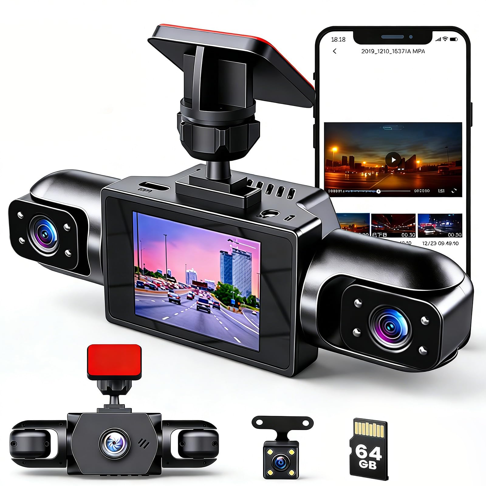 Full View Dash Cam Front and Rear Inside, 4 Channel Dashcam 1080P Full HD Dash Camera for Cars with Infrared Lamps Night Vision G-Sensor, Parking Mode (Upgraded Version (Four Sides))