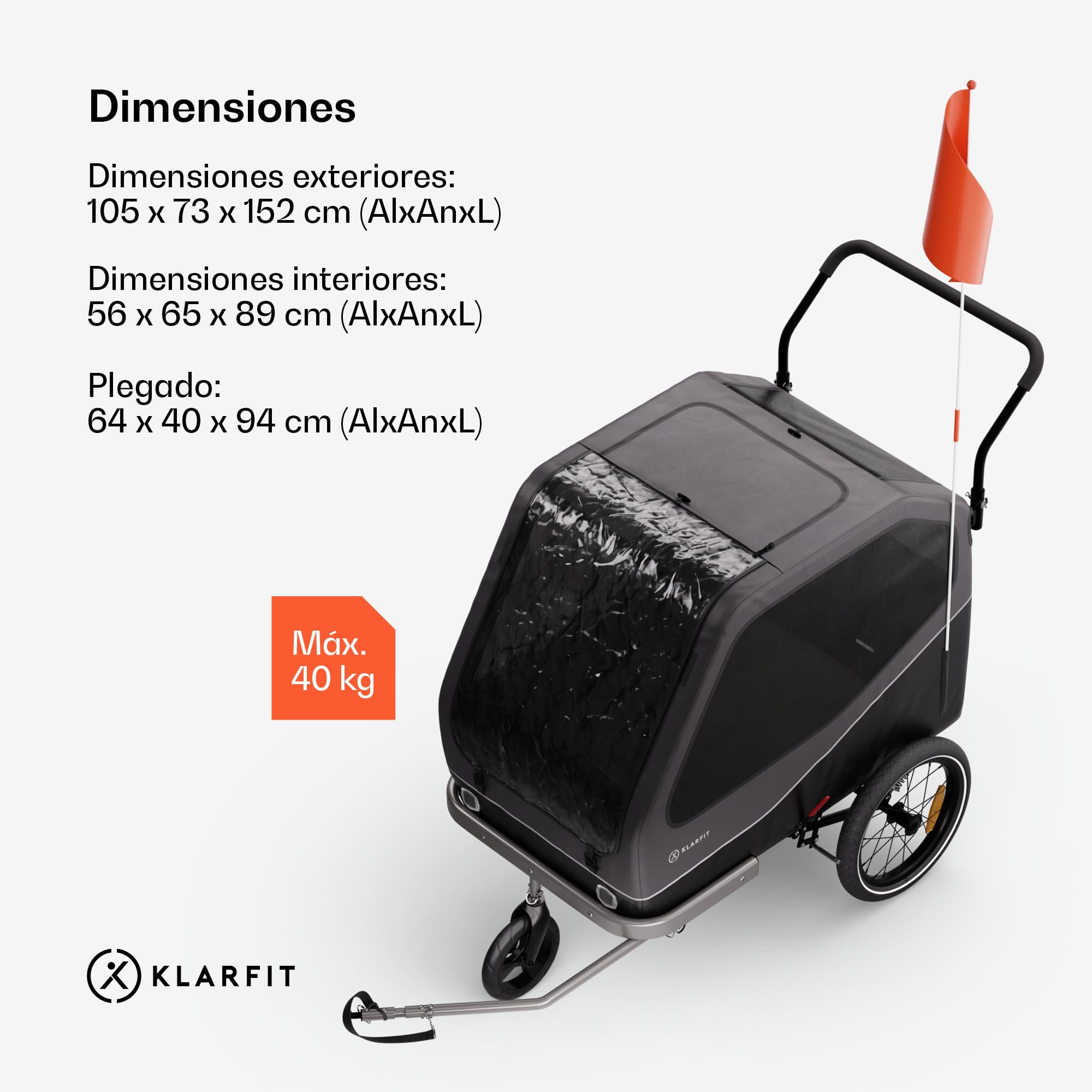 Klarfit Goldie Cochecito Remolque Bicicleta Perros, onvertible en Silla de Paseo, 324L Volumen, Impermeable, Frenos y reflectores Integrados, Carga máxima 40kg, Negro