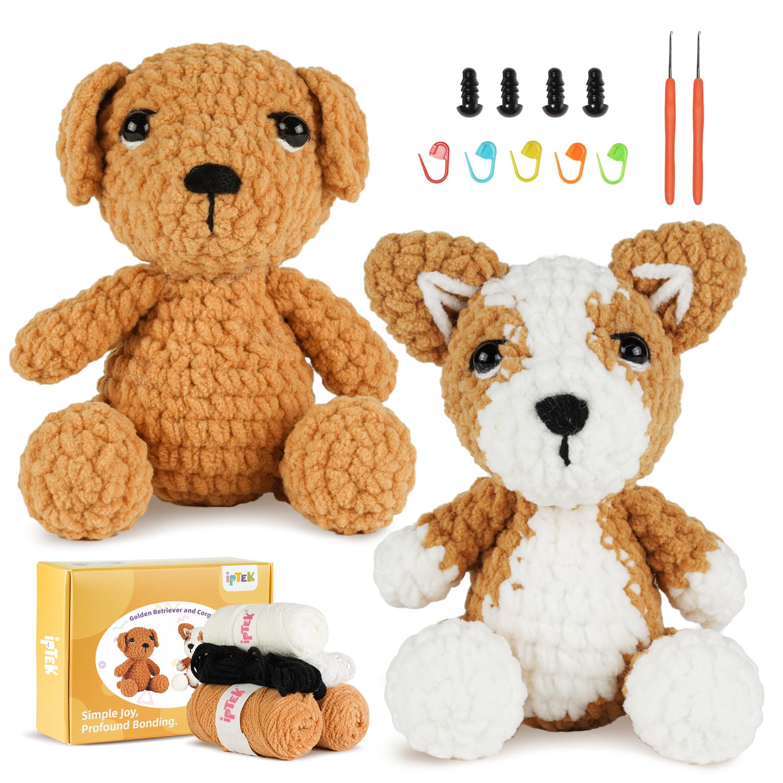 iptek Crochet Kit for Beginners, Learn to Crochet, Include Easy Knitting Soft Yarn, Step-by-Step Video Tutorial, Hook, Holiday Birthday Gift Adults(2 Pack Dog)