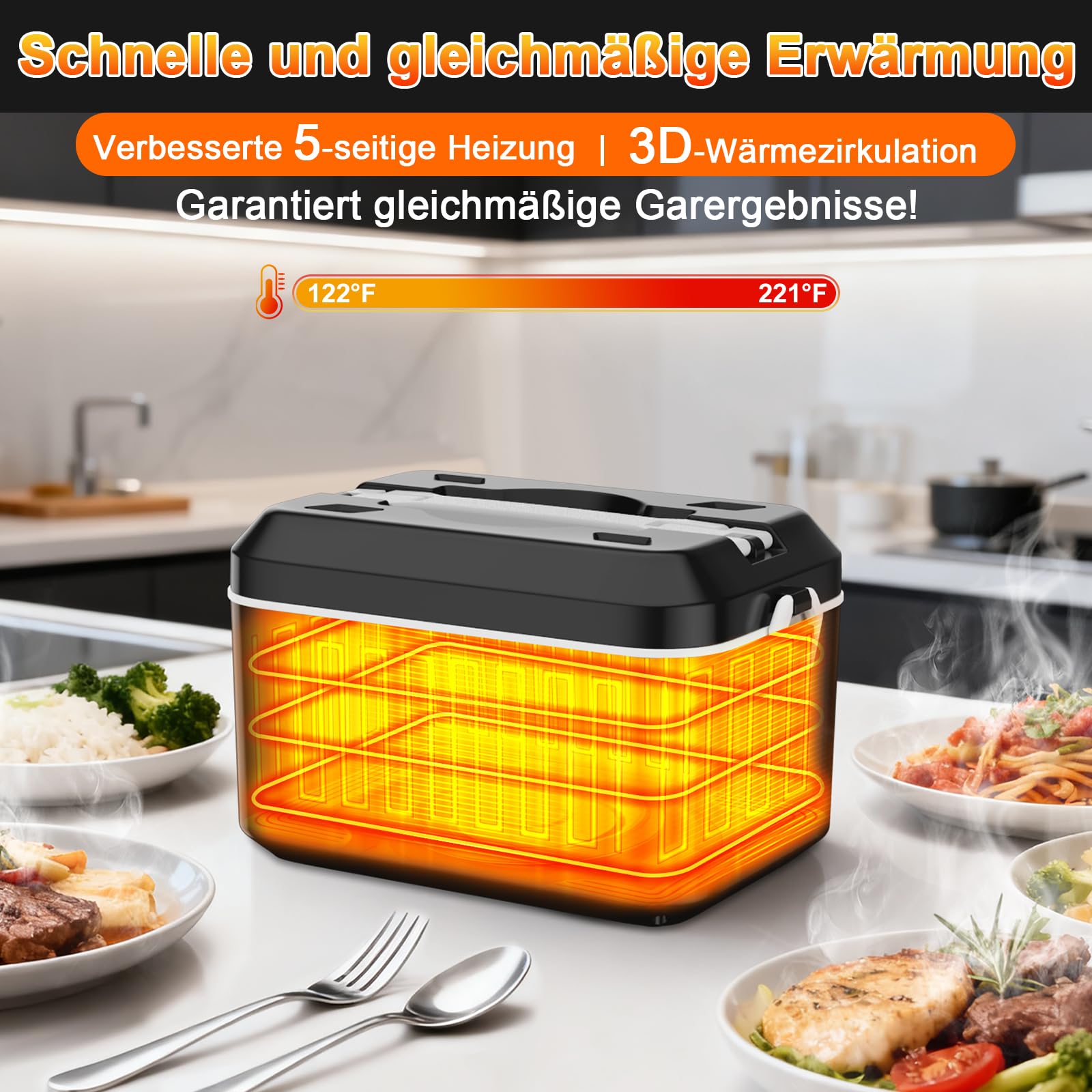 Elektrische lunchbox hermobehälter für Essen mit Akku – 24000 mAh,1,3 L beheizbare lunchbox,3D-Vollflächenerwärmung & Temperaturkontrolle –lunchbox elektrisch Ideal für LKW,Büro und Reisen (schwarz)