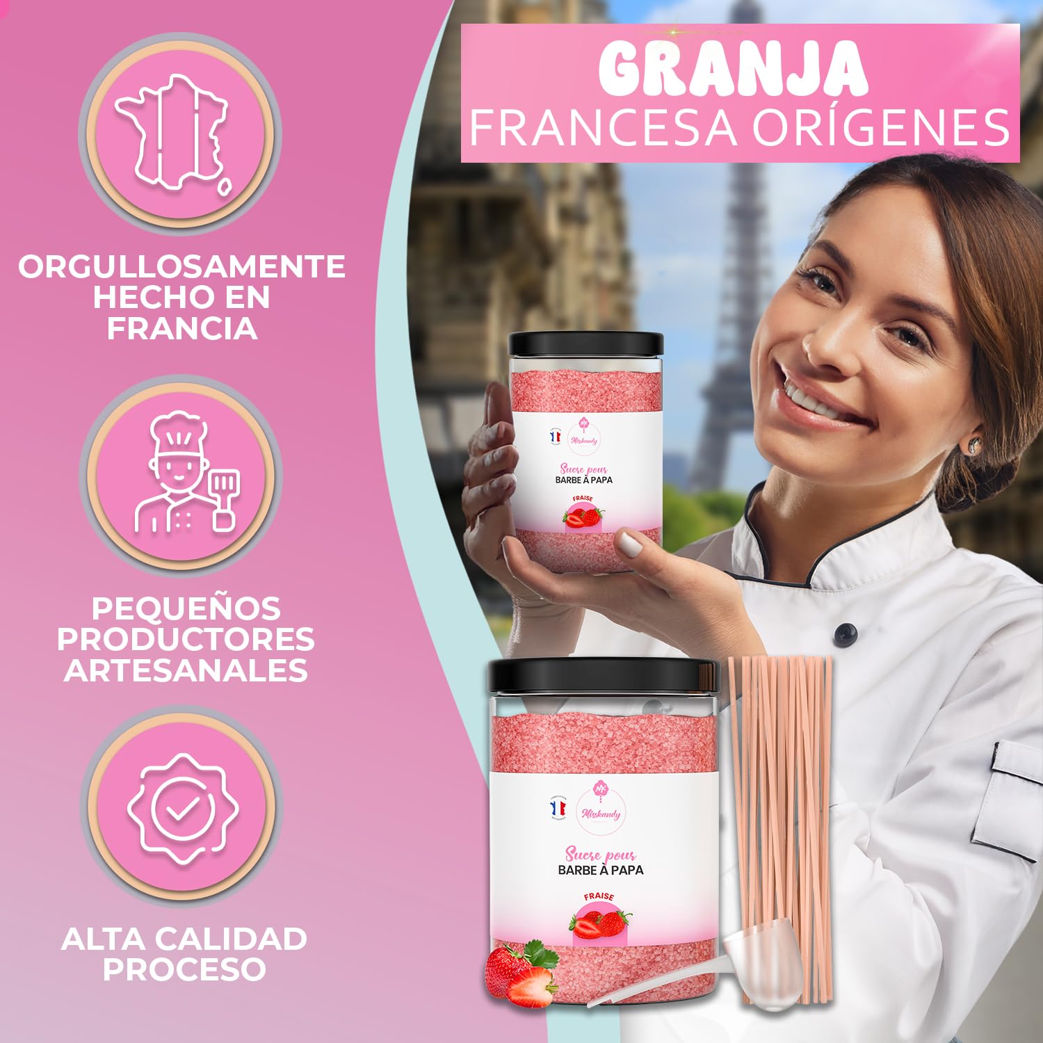 Misskandy-Azúcar para Algodón de Azúcar, Fresa 1,4 kg (Sabores y Colorantes Naturales) +50palitos
