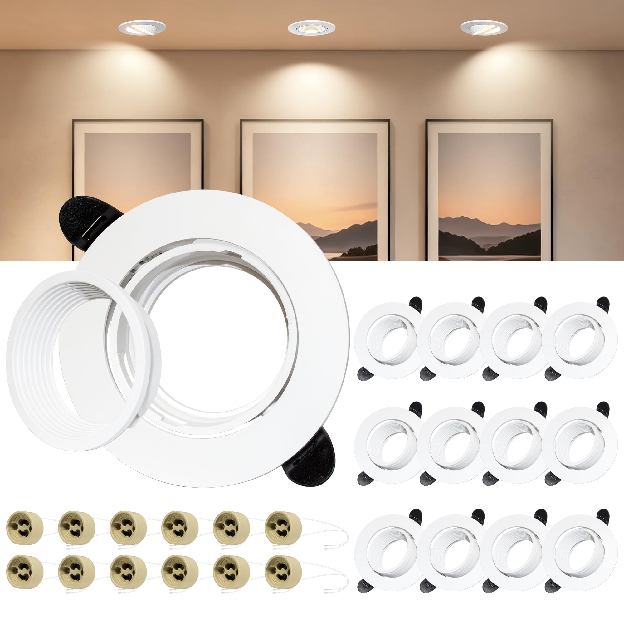 Set da 12 Cornice per Faretti da Incasso GU10 Orientabile 45°, Supporto Faretto Ø72-82mm con Portalampada GU10, Anti Abbagliamento, Frontale Rimovibile, Bianco Cornice Faretto da Sofitto