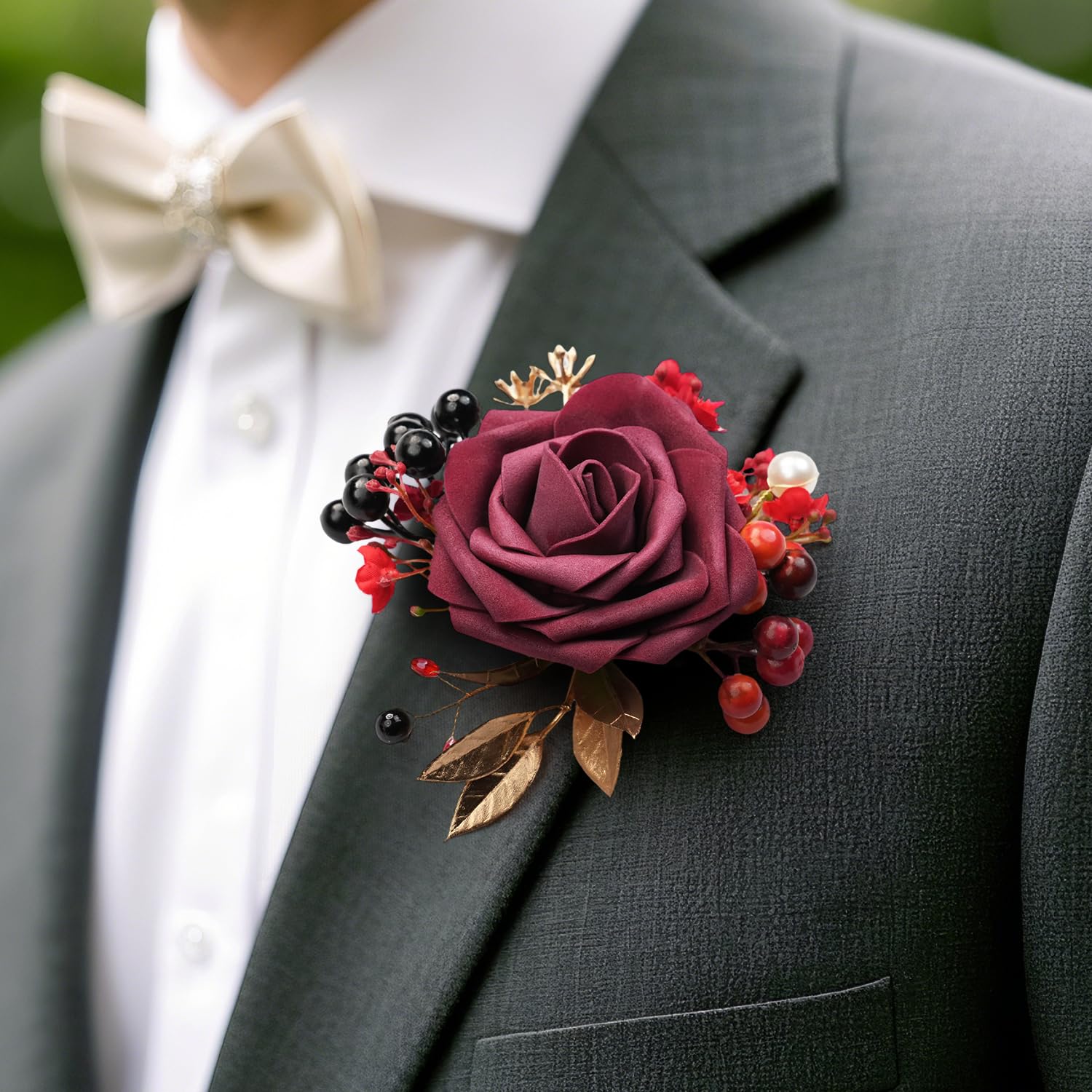 Ansteckblume Uflower Schwarz-Rot-Taschen-Boutonniere for Bräutigam, Trauzeugen, Gast for Hochzeit, Abschlussball, Heimkehr, Jahrestag(4Pcs)
