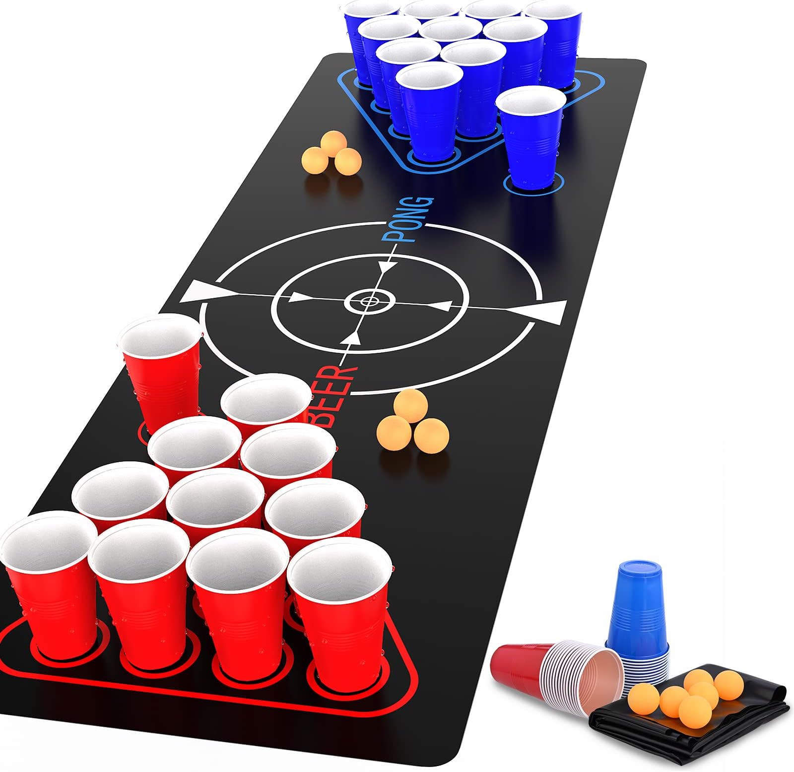 Faburo Beer Pong Set, Drinking Games for Adults, Beer Pong Game Set 16oz Blue & Red Plastic Beer Pong Cups and Balls for American Party Games,Birthday Parties and Office(22 Cups,6 Balls, 1 Mat)