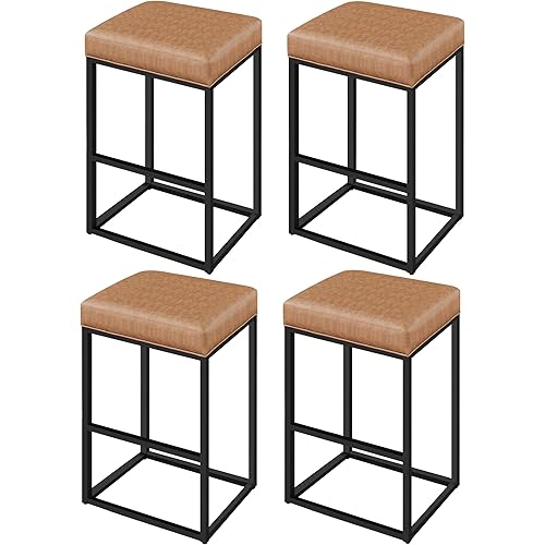 Yaheetech 30" Bar Stools Bar Height Barstools Set of 4 Stools Modern Upholstered Stools Industrial Stools with Leather Seat Backless Dining Chairs for Kitchen Island with Thick Cushion Brown